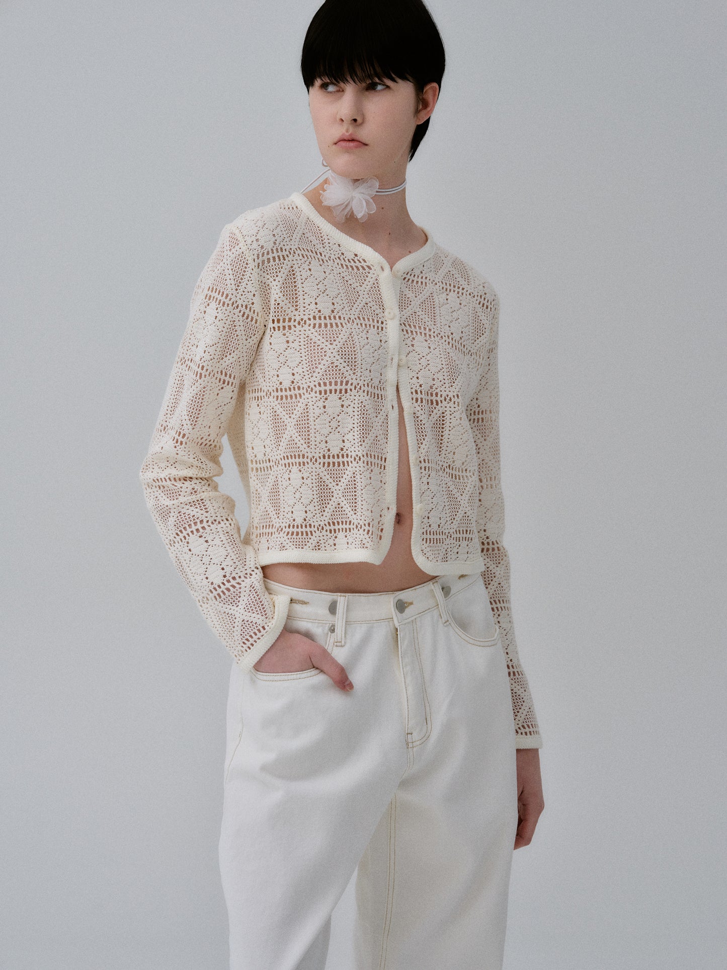 Knitted Crochet Cardigan, Ivory