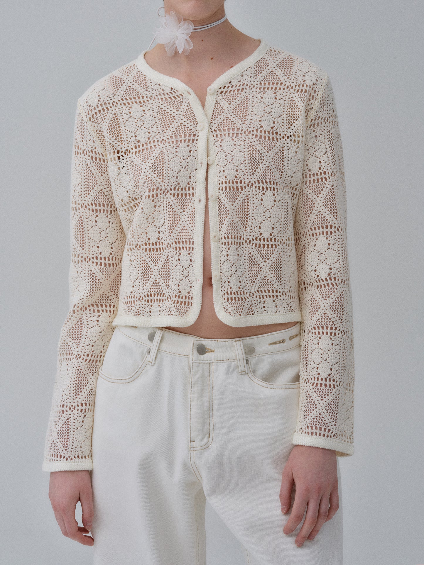 Knitted Crochet Cardigan, Ivory