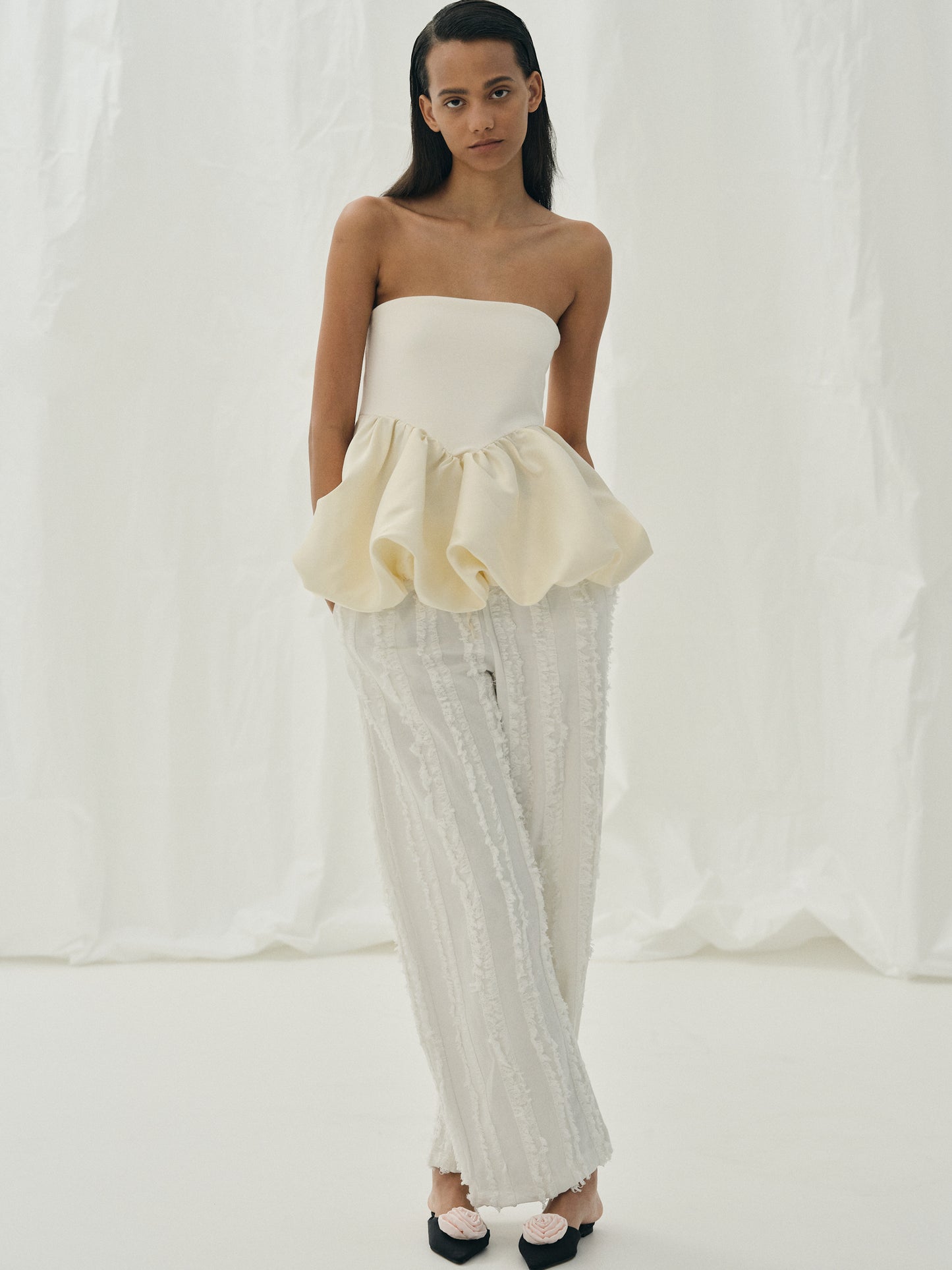 Puff Hem Taffeta Top, Ivory