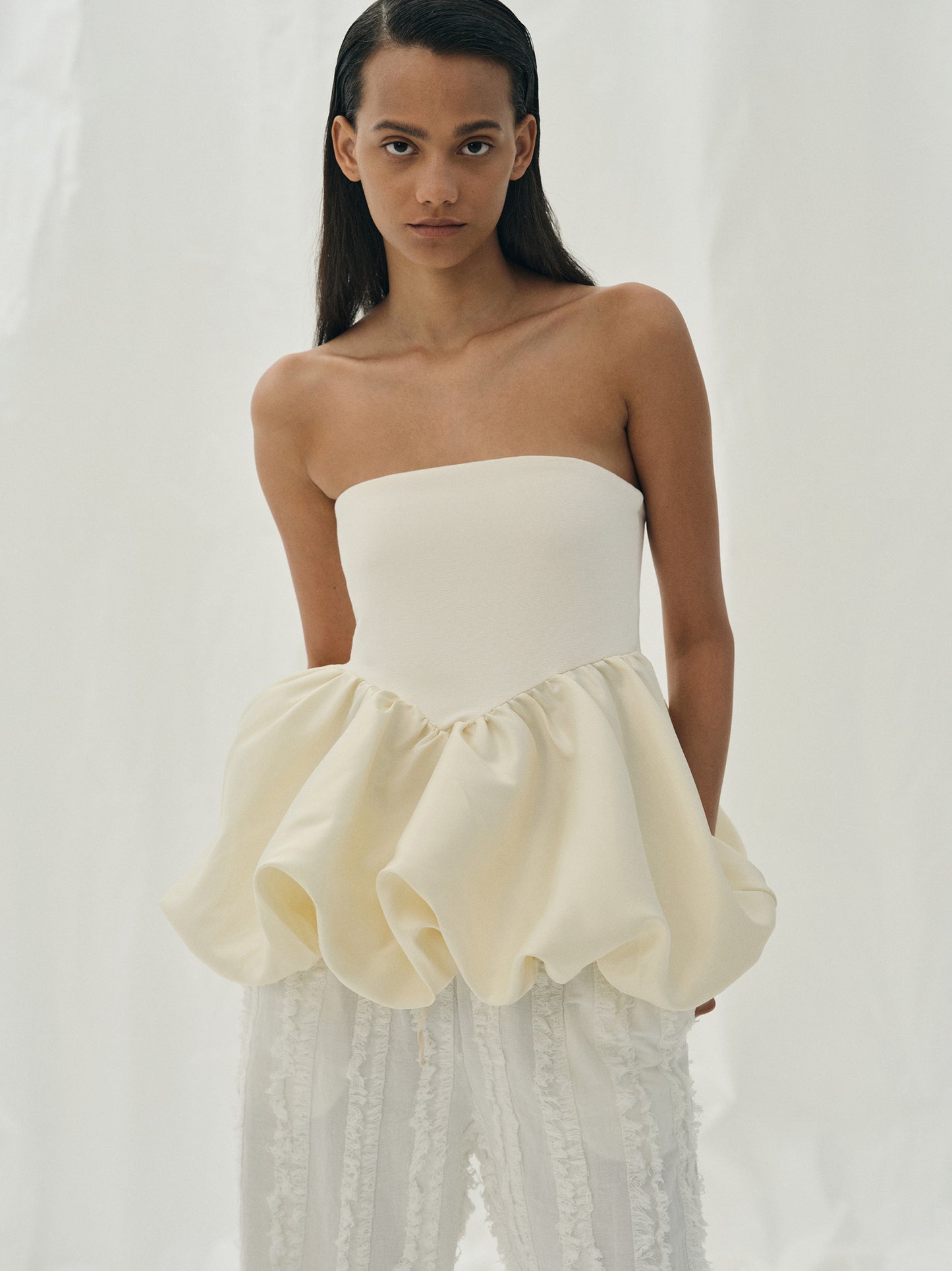 Puff Hem Taffeta Top, Ivory