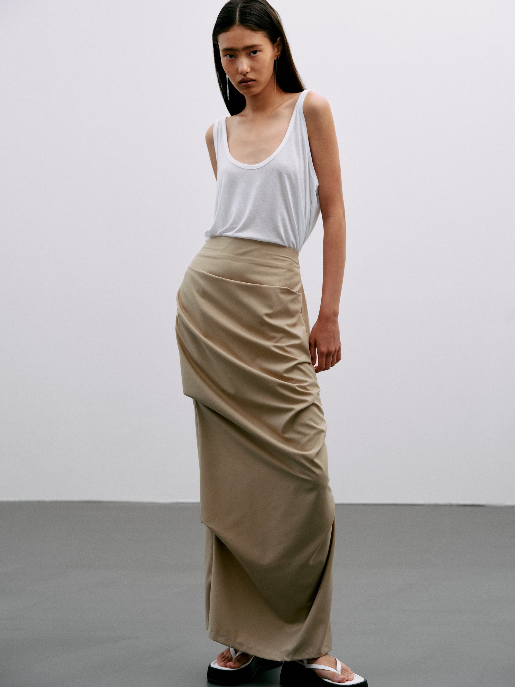 Ruched Maxi Skirt, Beige – SourceUnknown