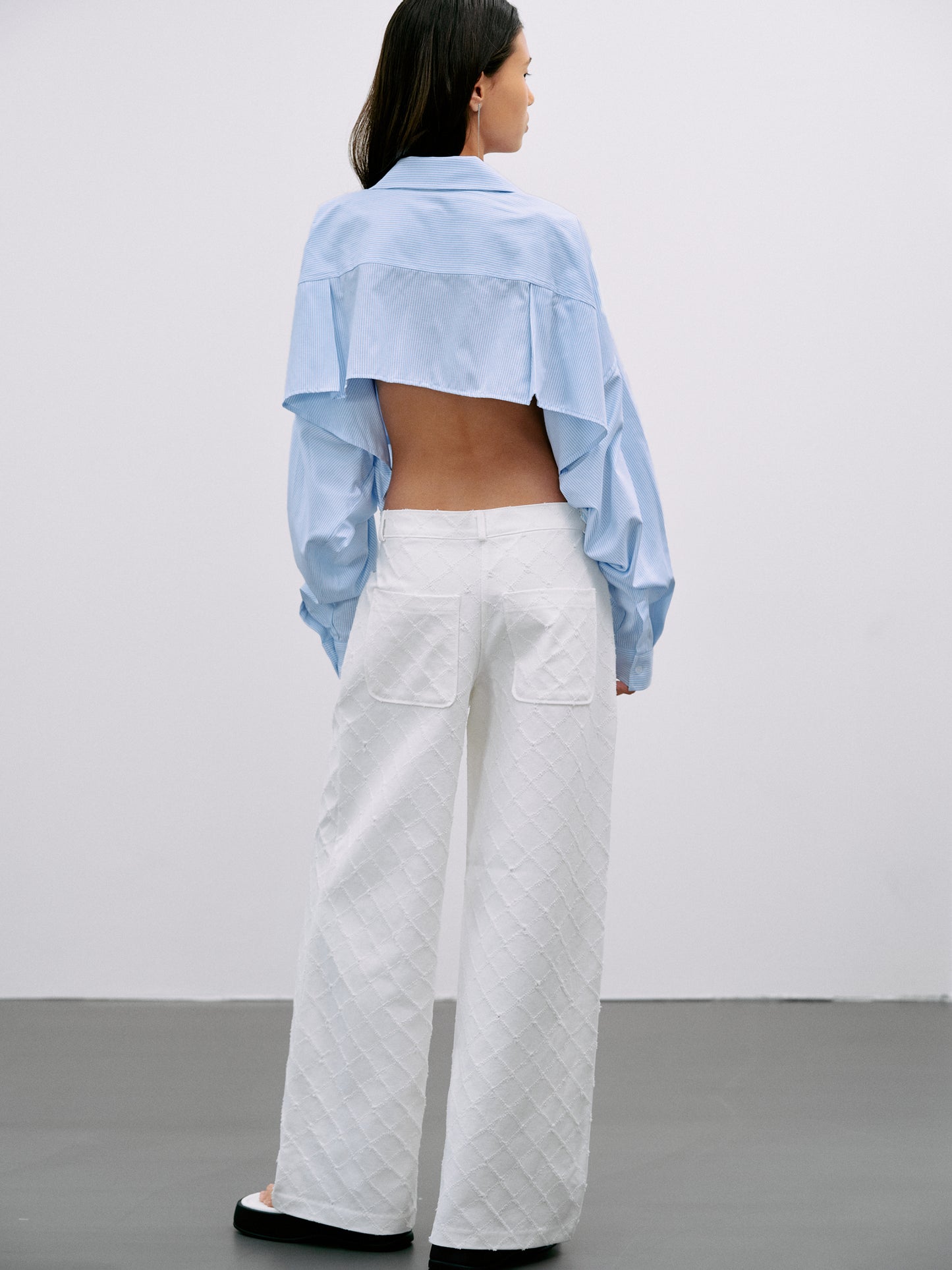 Cropped Back Pinstripe Shirt, Sky Blue