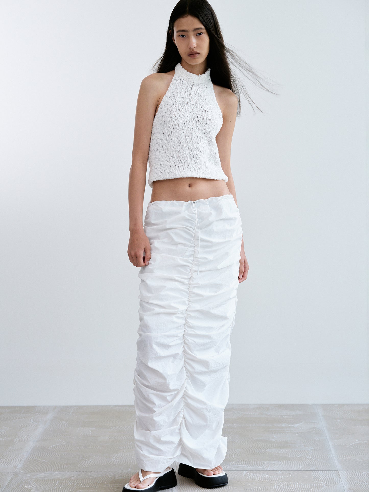 Drawstring Gathered Skirt, White