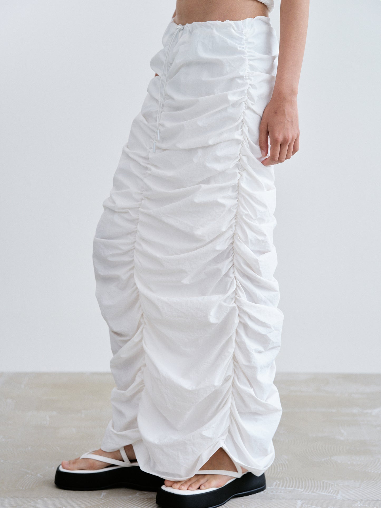 Drawstring Gathered Skirt, White