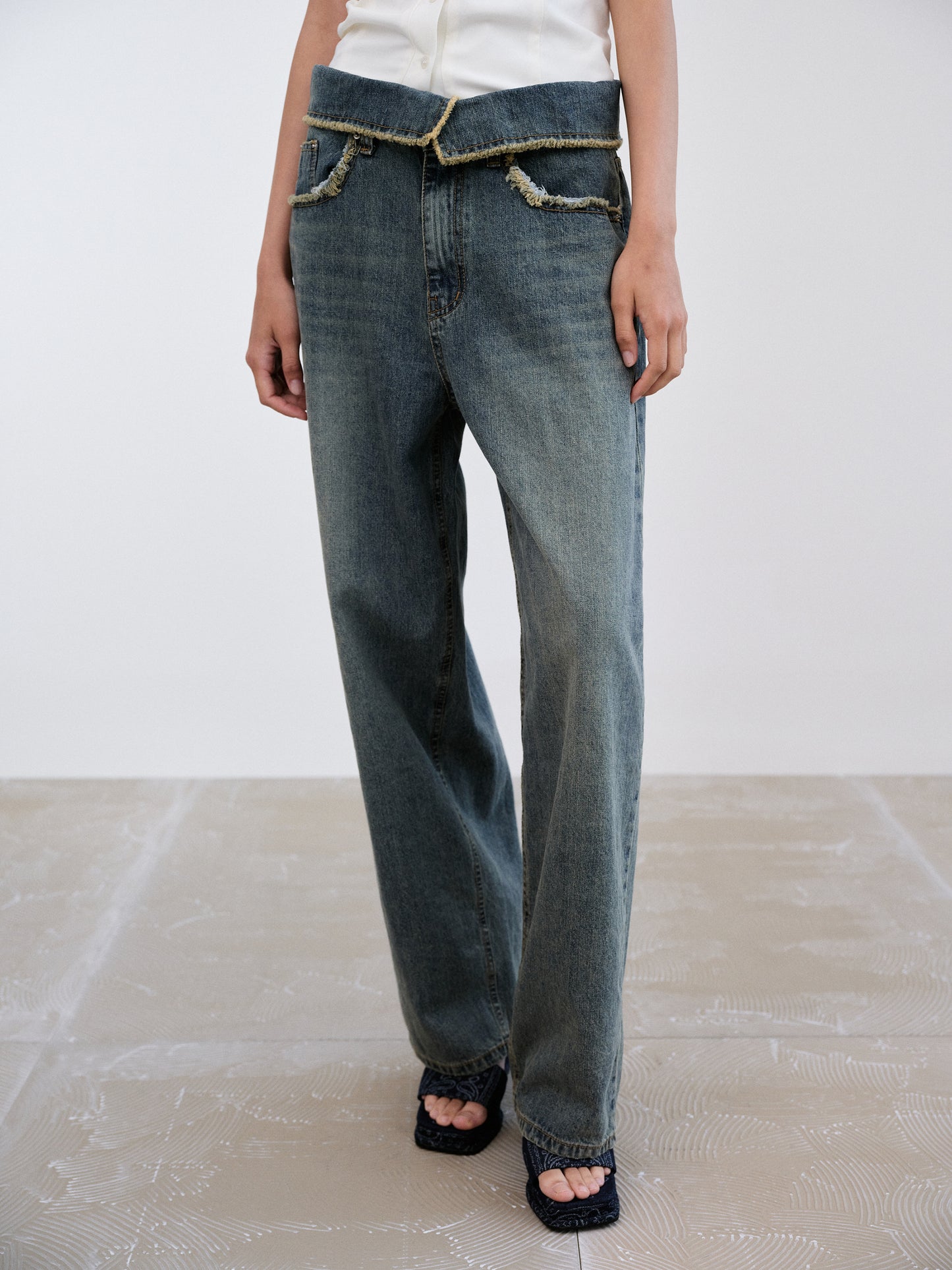 Fold-Over Raw Jeans, Stone Wash Blue
