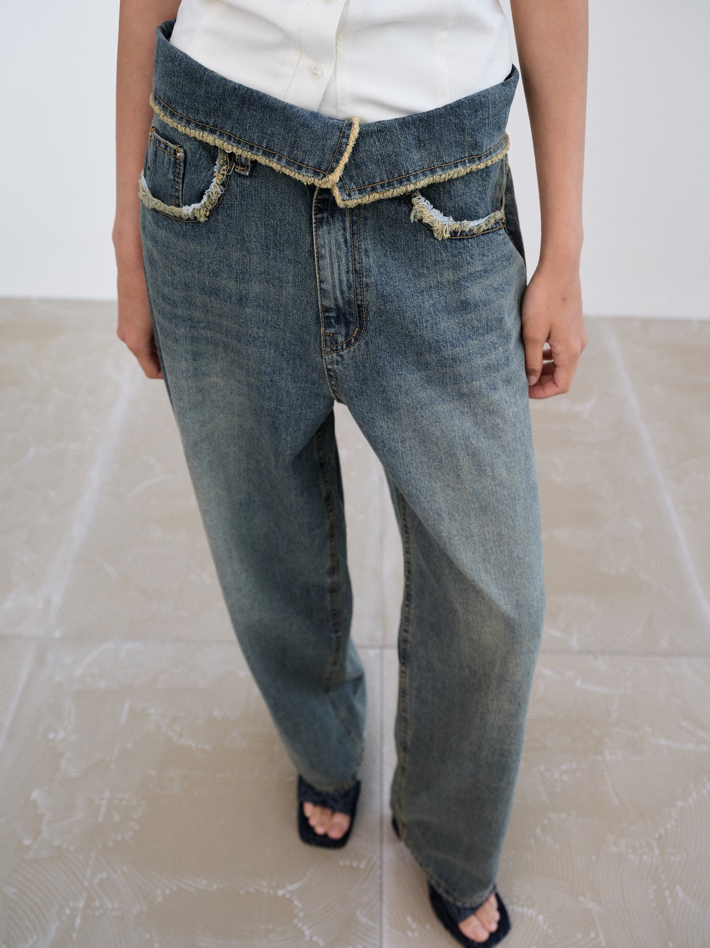 Fold-Over Raw Jeans, Stone Wash Blue