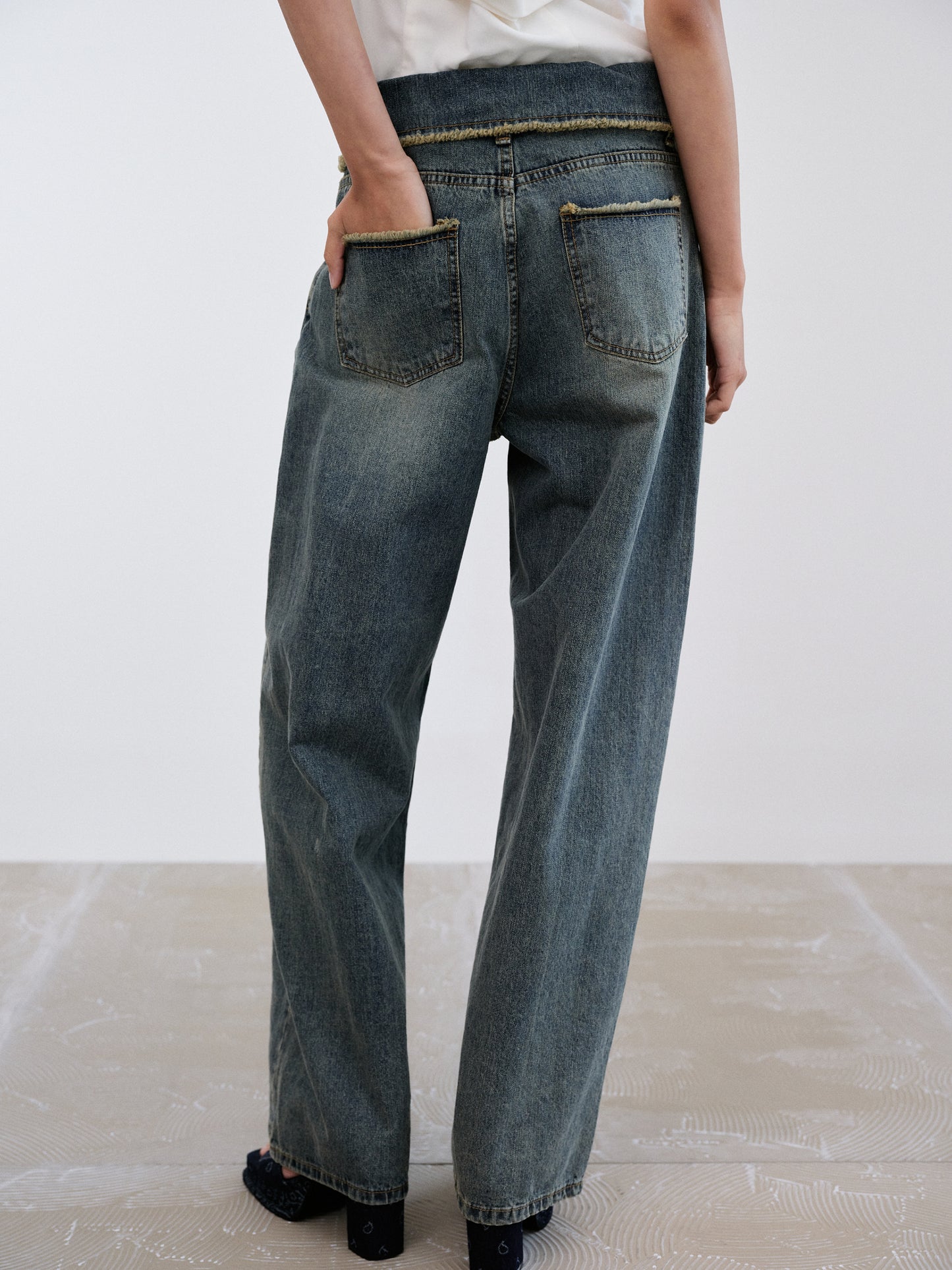 Fold-Over Raw Jeans, Stone Wash Blue