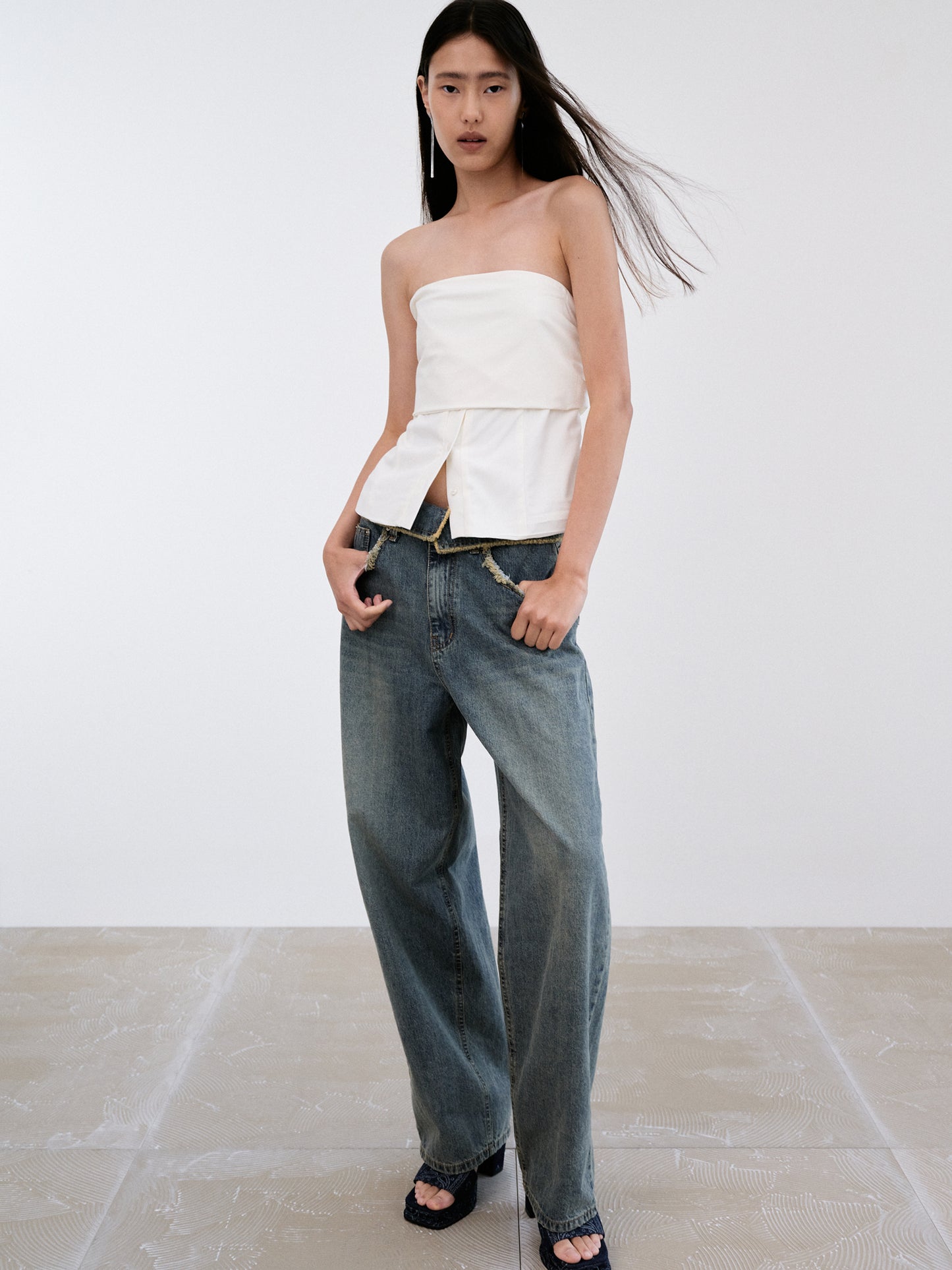Fold-Over Raw Jeans, Stone Wash Blue