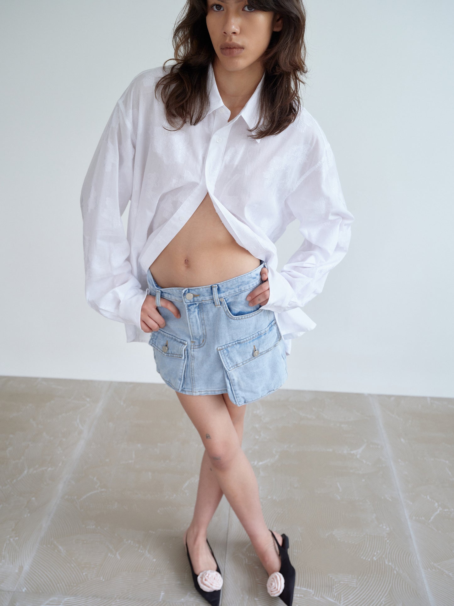 Cargo Denim Mini Skirt, Light Wash Blue