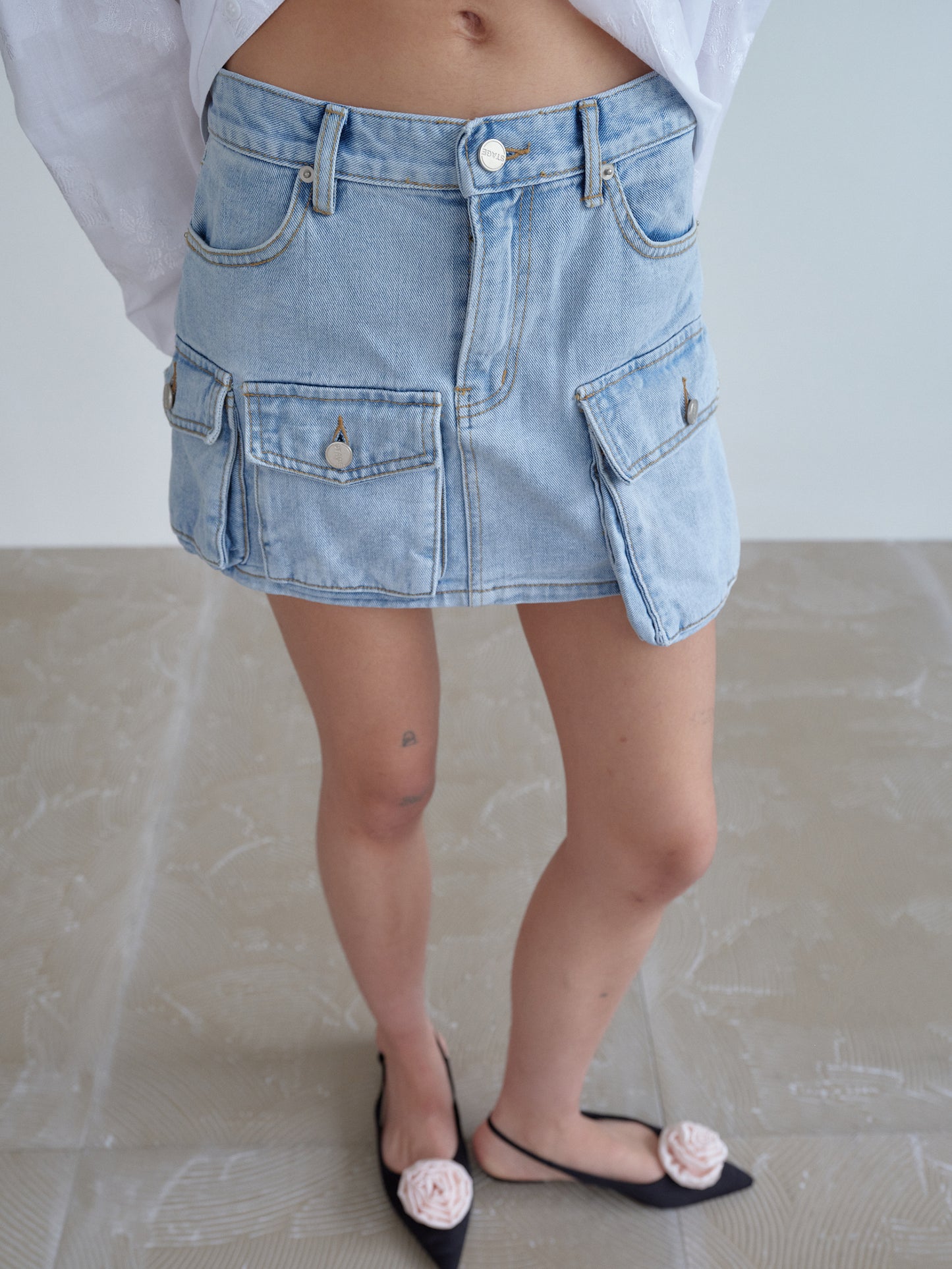 Cargo Denim Mini Skirt, Light Wash Blue