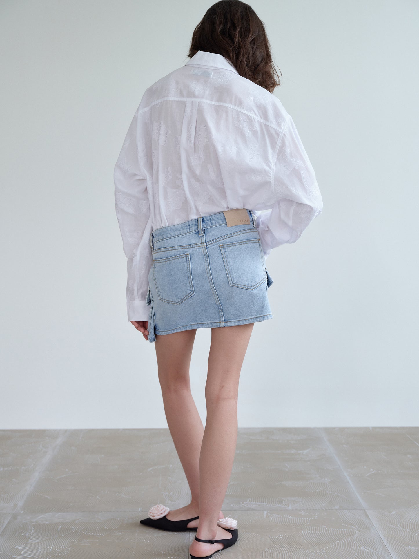 Cargo Denim Mini Skirt, Light Wash Blue