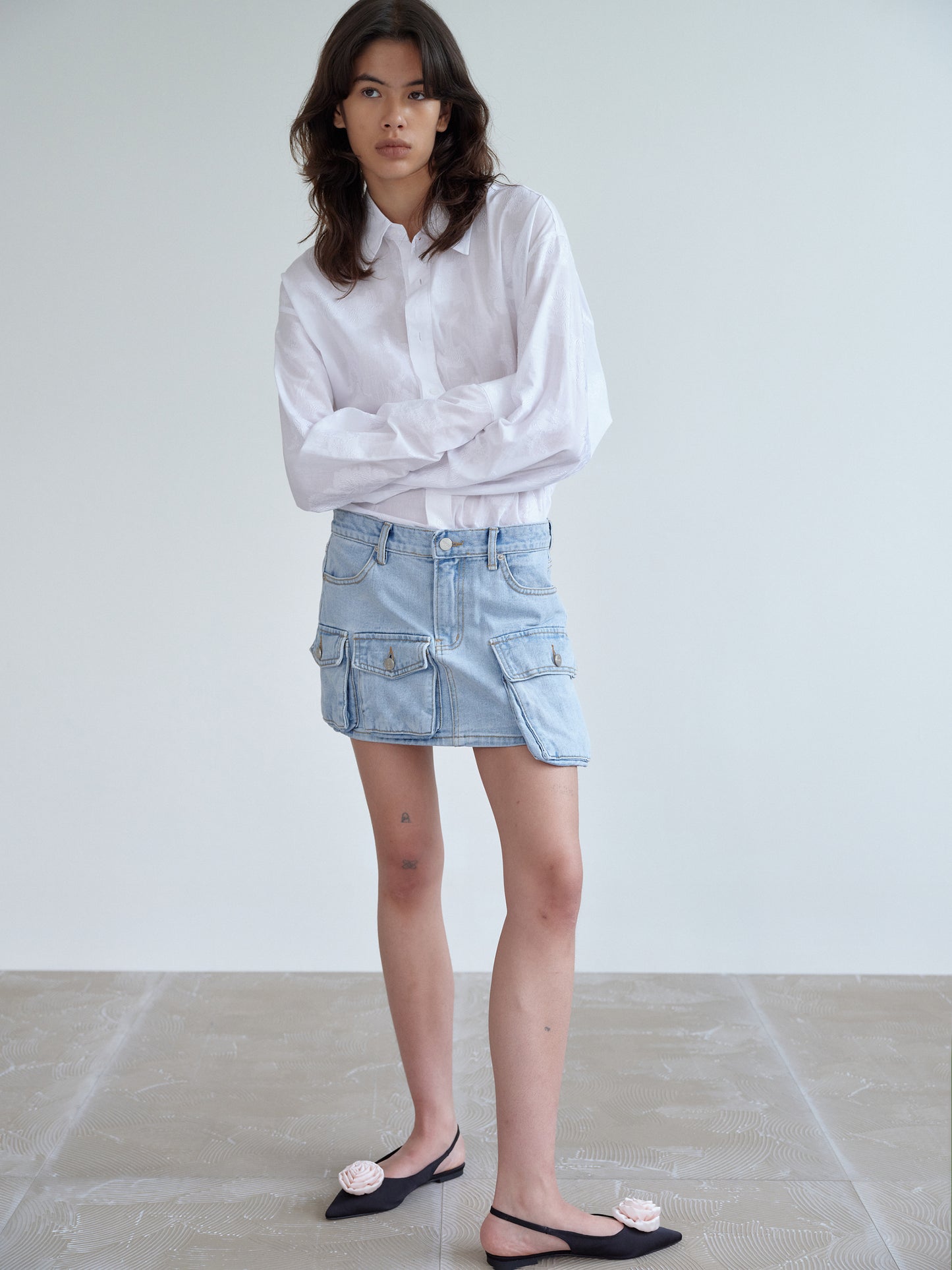 Cargo Denim Mini Skirt, Light Wash Blue