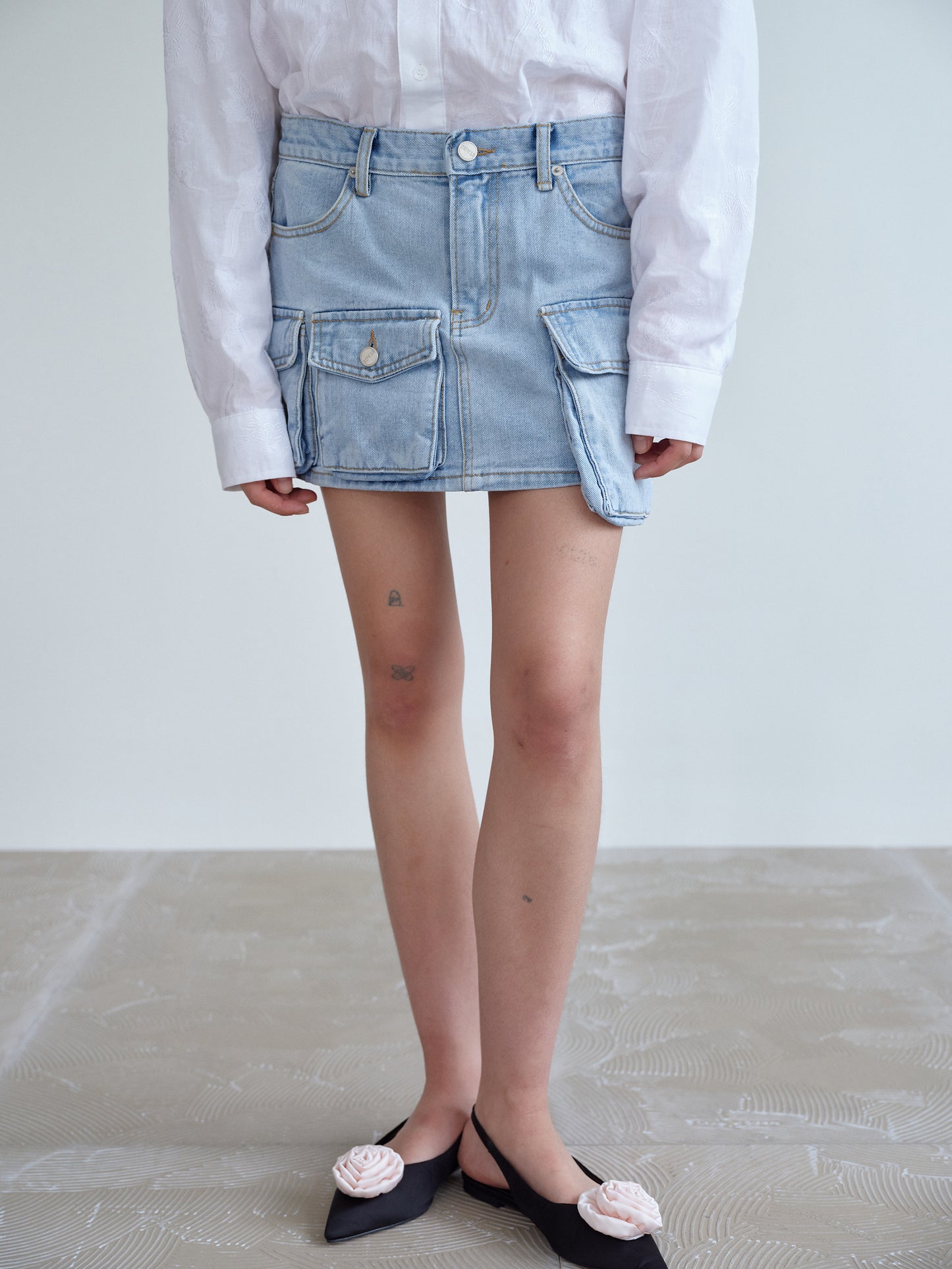 Cargo Denim Mini Skirt, Light Wash Blue