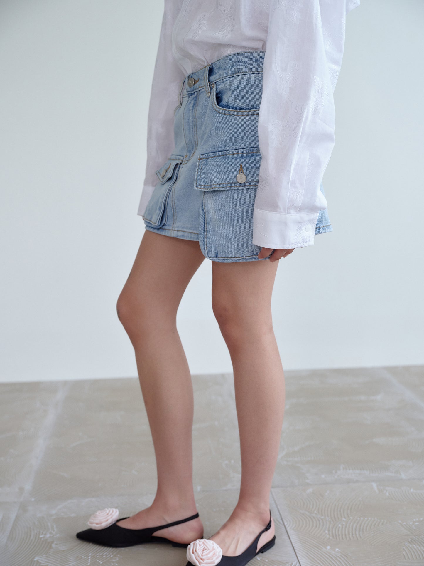 Cargo Denim Mini Skirt, Light Wash Blue