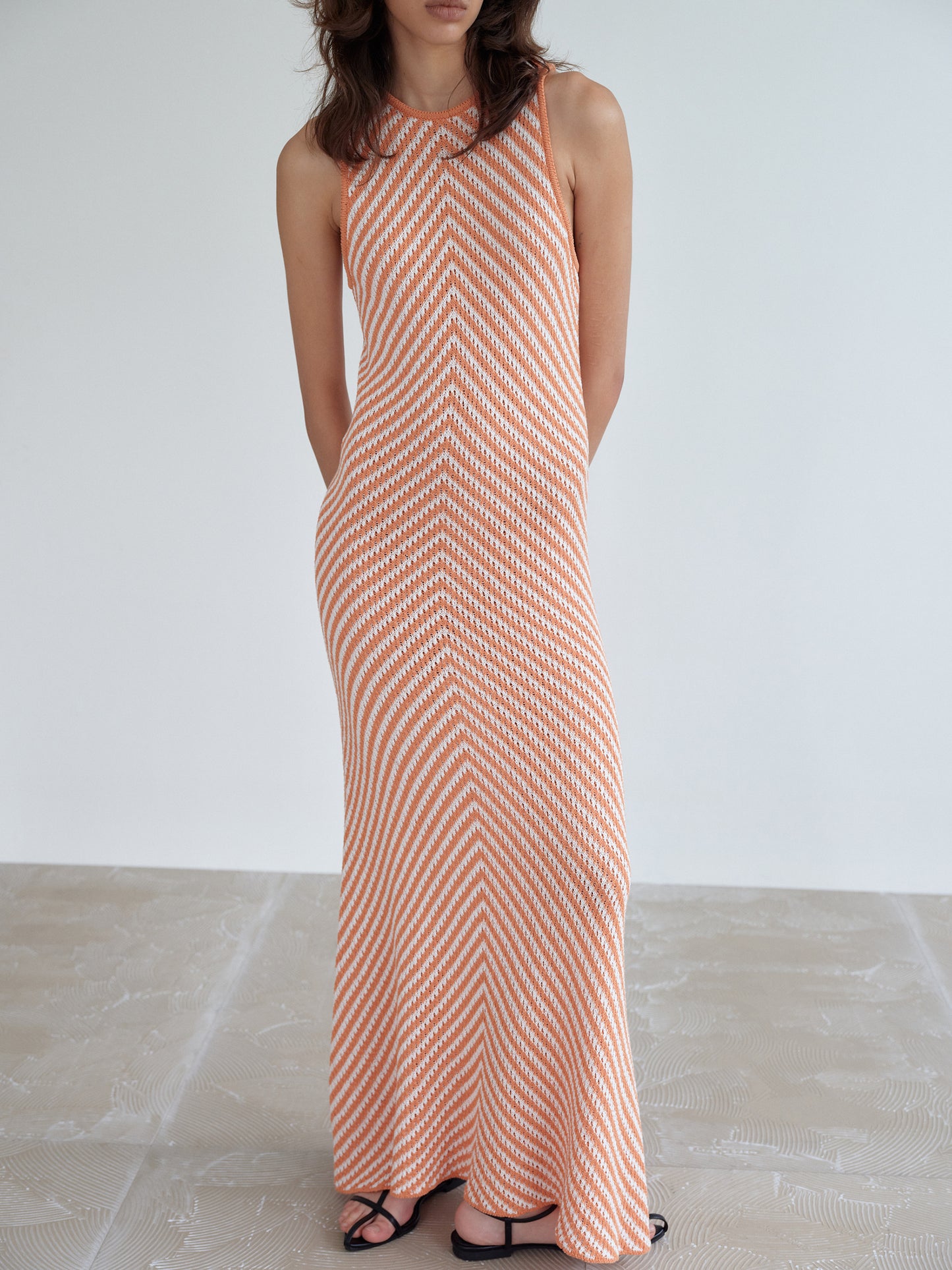 Chevron Knit Long Dress, Orange