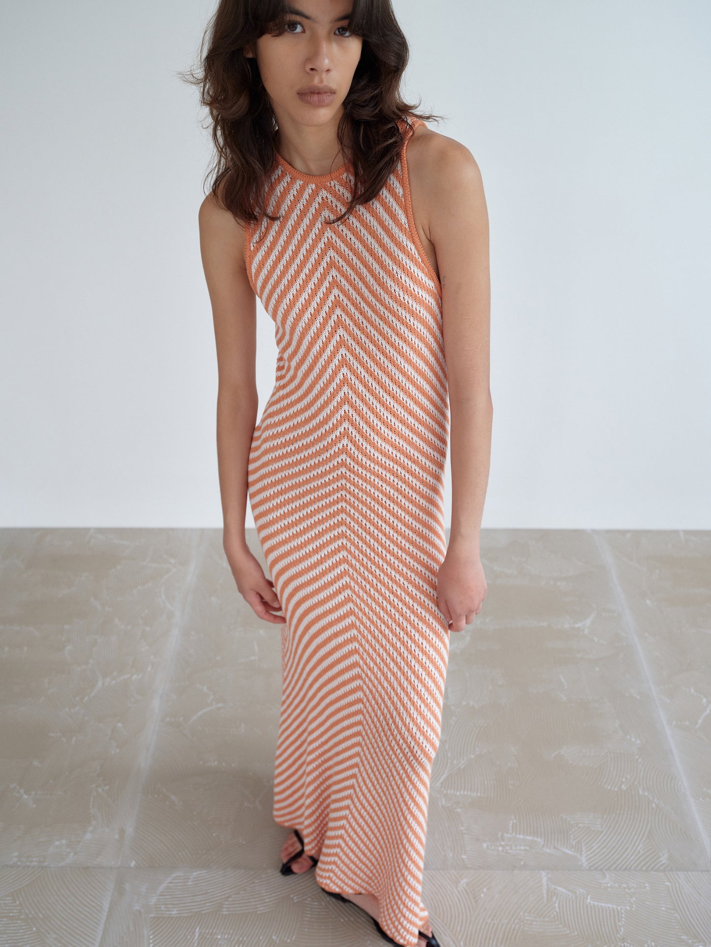 Chevron Knit Long Dress, Orange