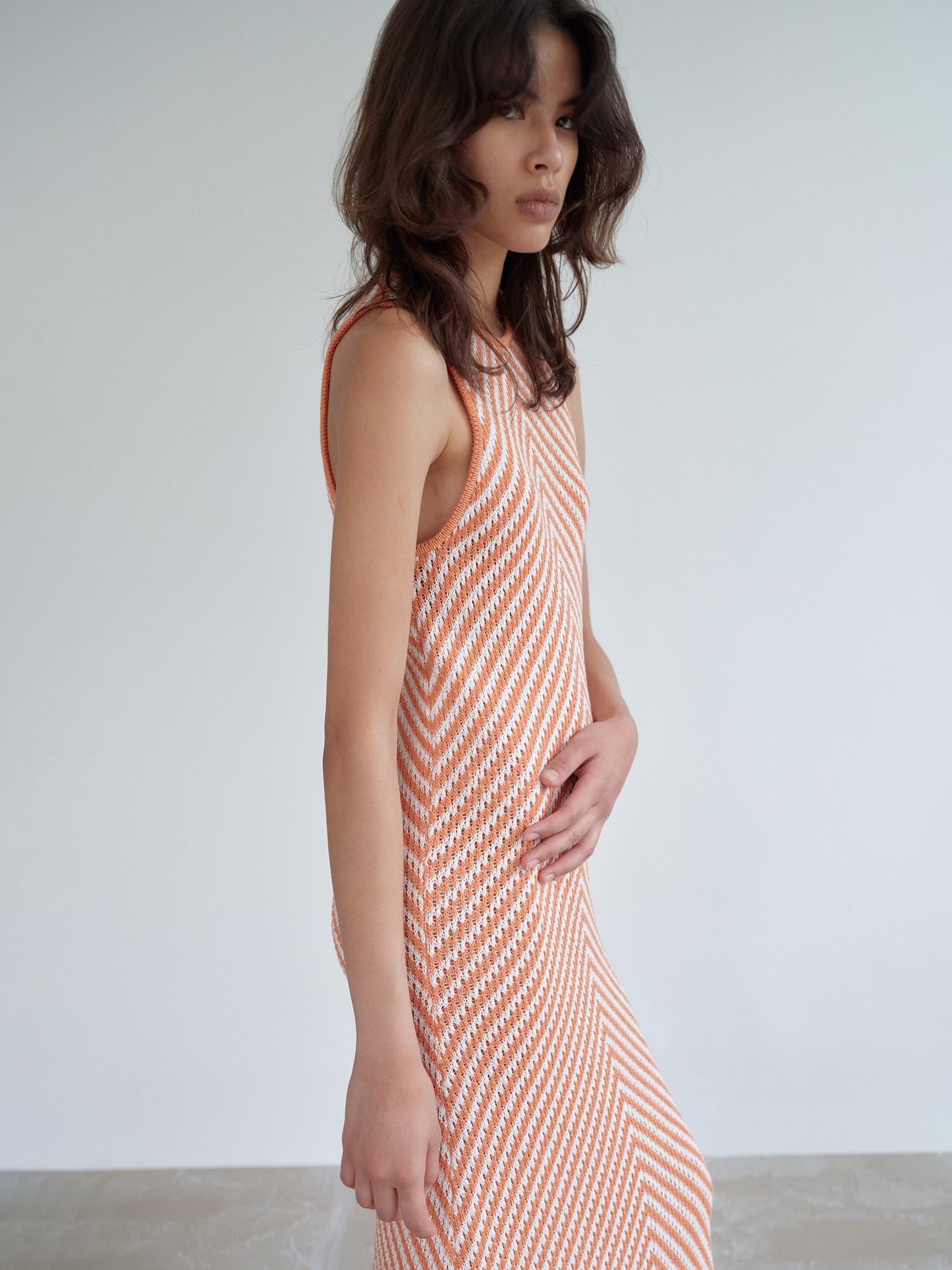Chevron Knit Long Dress, Orange