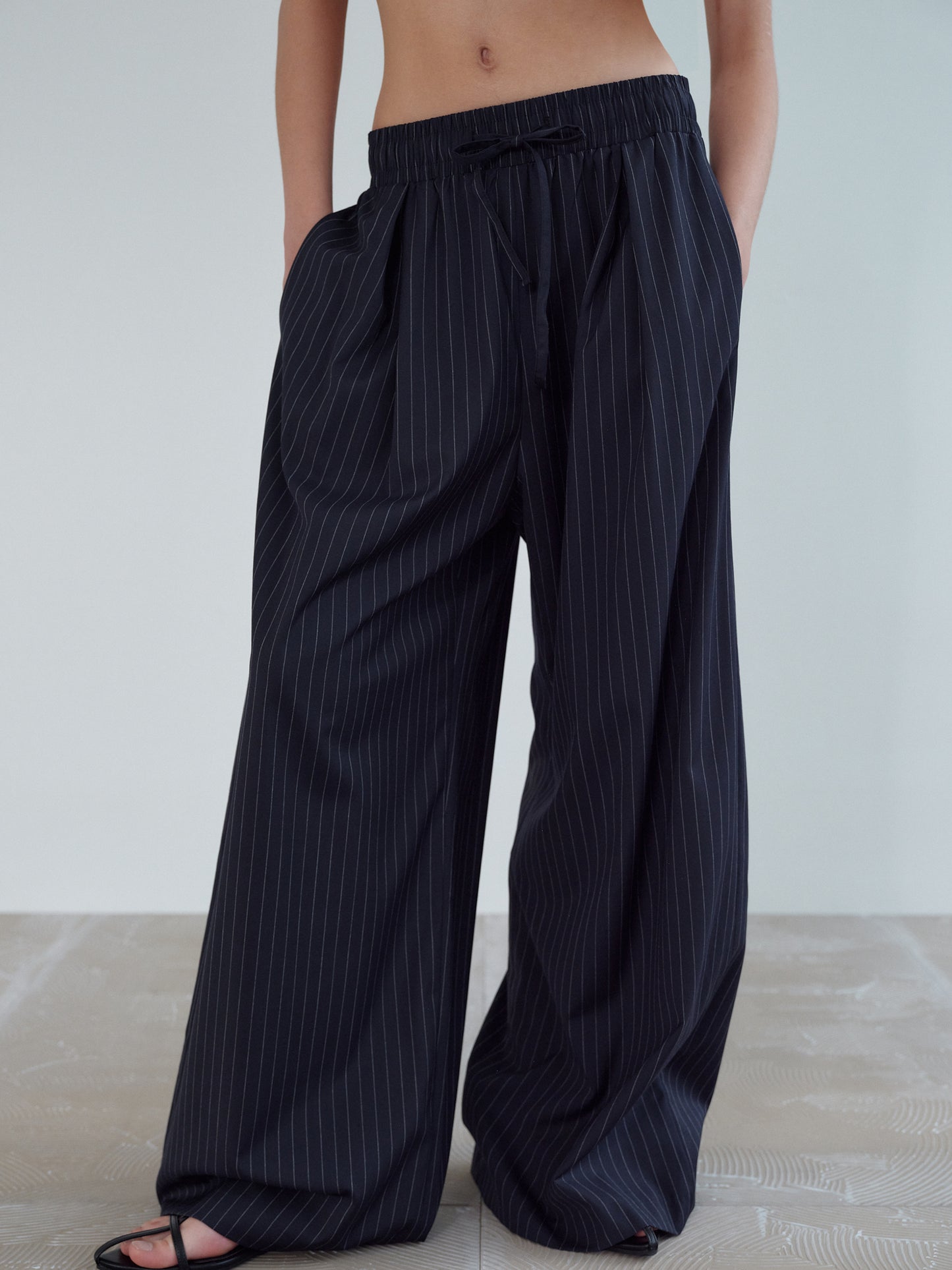Elastic Oversized Pants, Pinstriped Navy