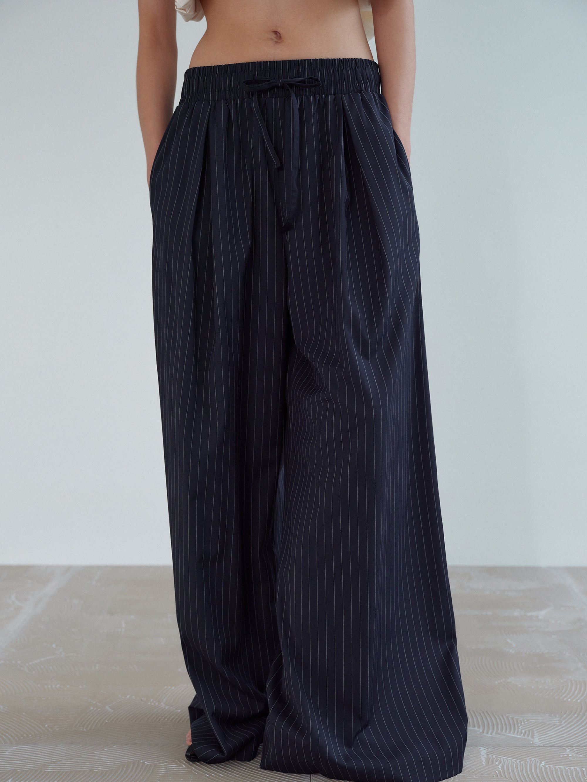 Elastic Oversized Pants, Pinstriped Navy