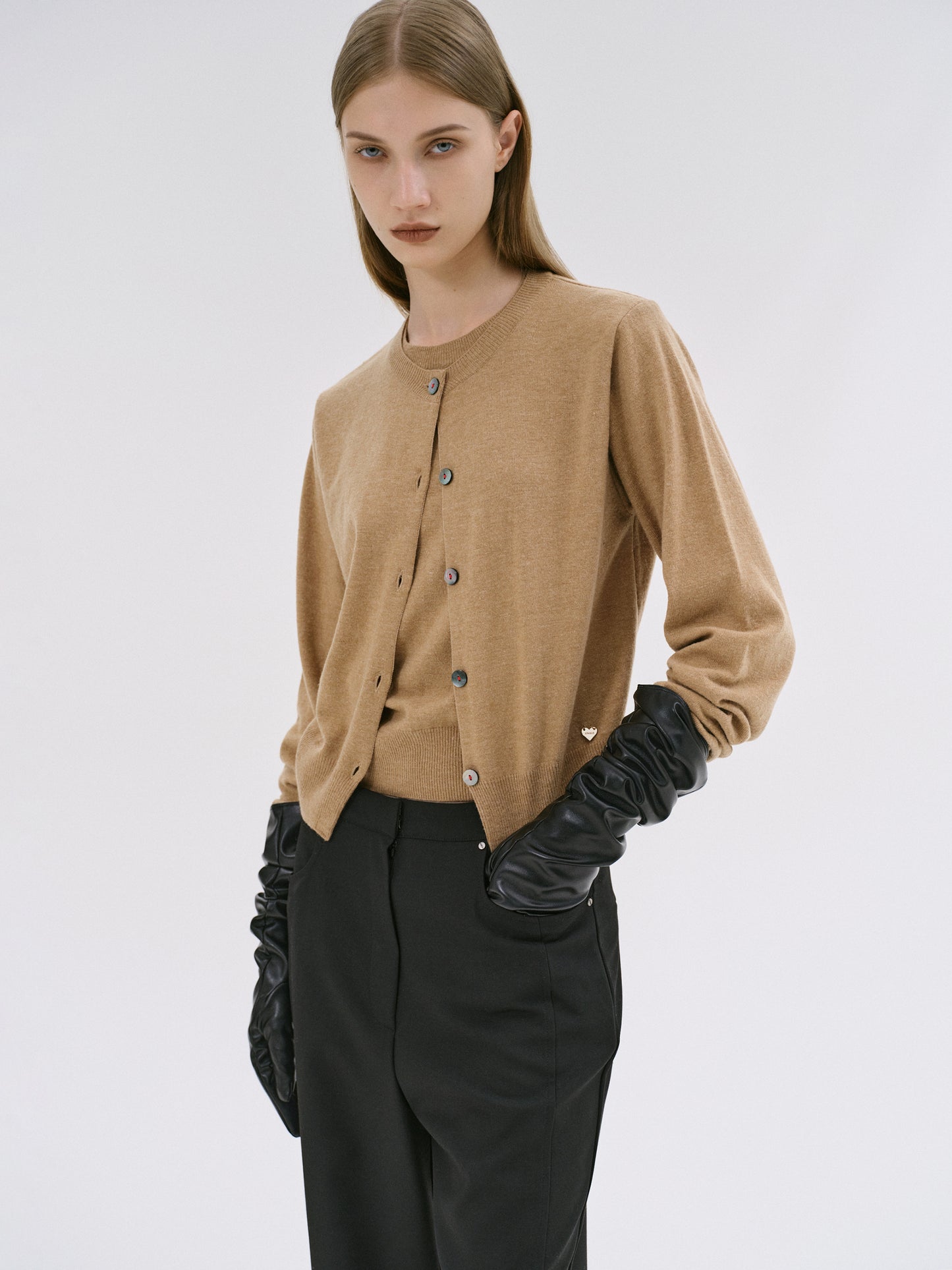 Double-Layer Fine Wool Cardigan, Beige