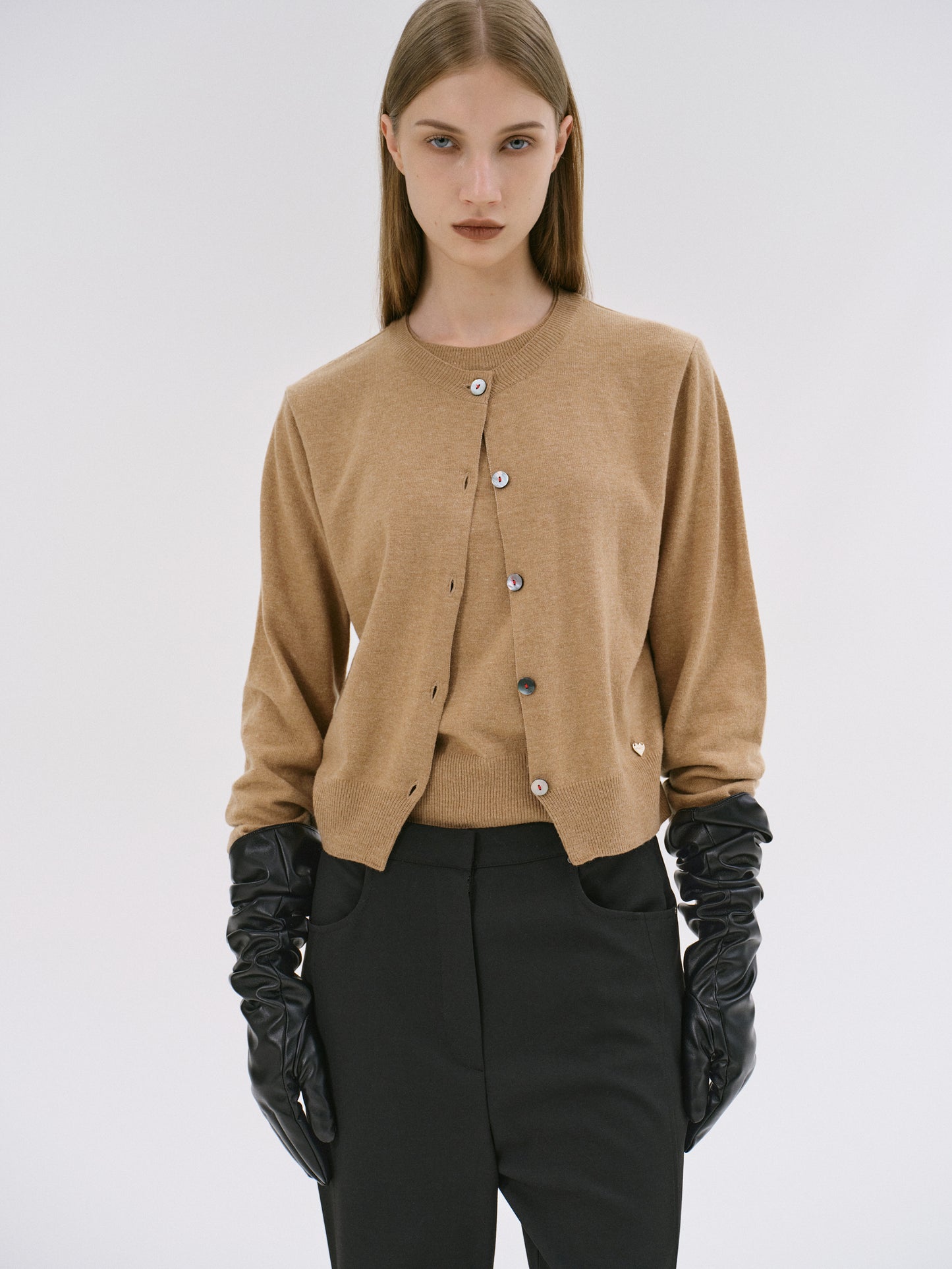 Double-Layer Fine Wool Cardigan, Beige