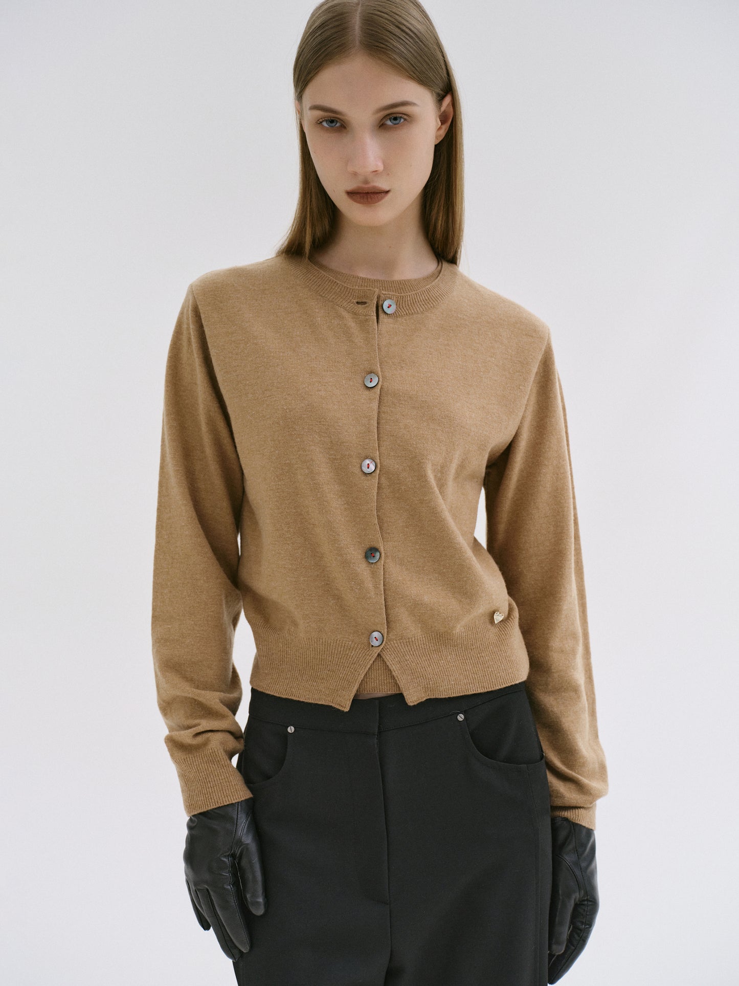 Double-Layer Fine Wool Cardigan, Beige