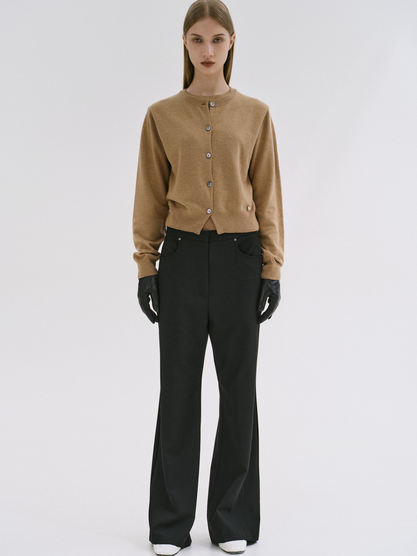 Double-Layer Fine Wool Cardigan, Beige