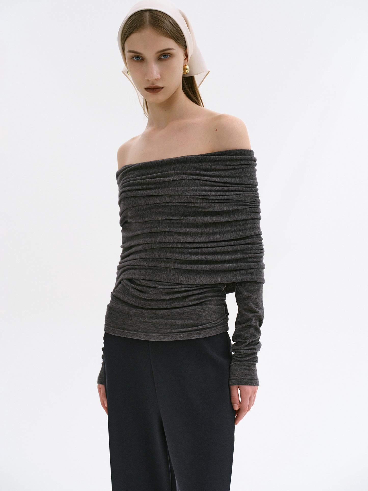 Tova Off Shoulder Knit, Dark Grey Melange