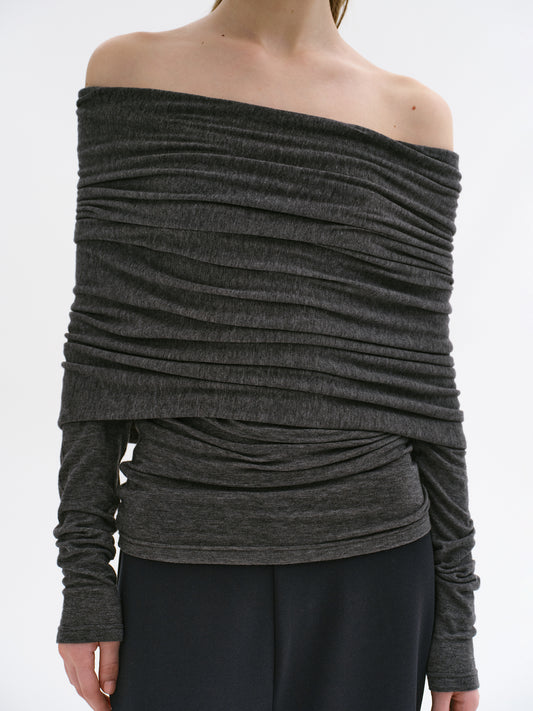 Tova Off Shoulder Knit, Dark Grey Melange