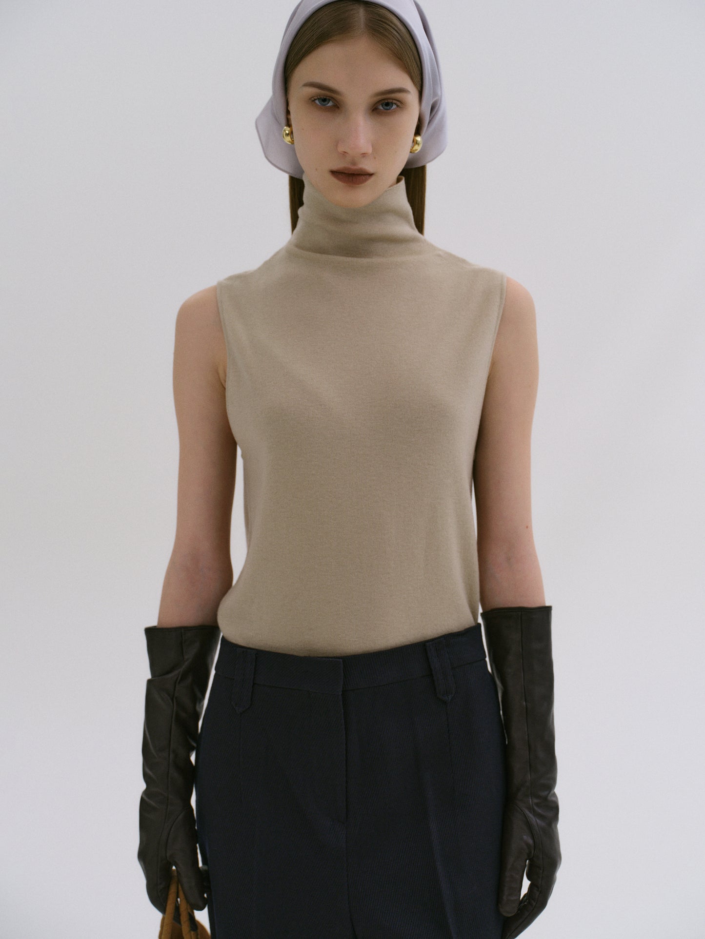 Signature Sleeveless Knit Turtleneck, Taupe