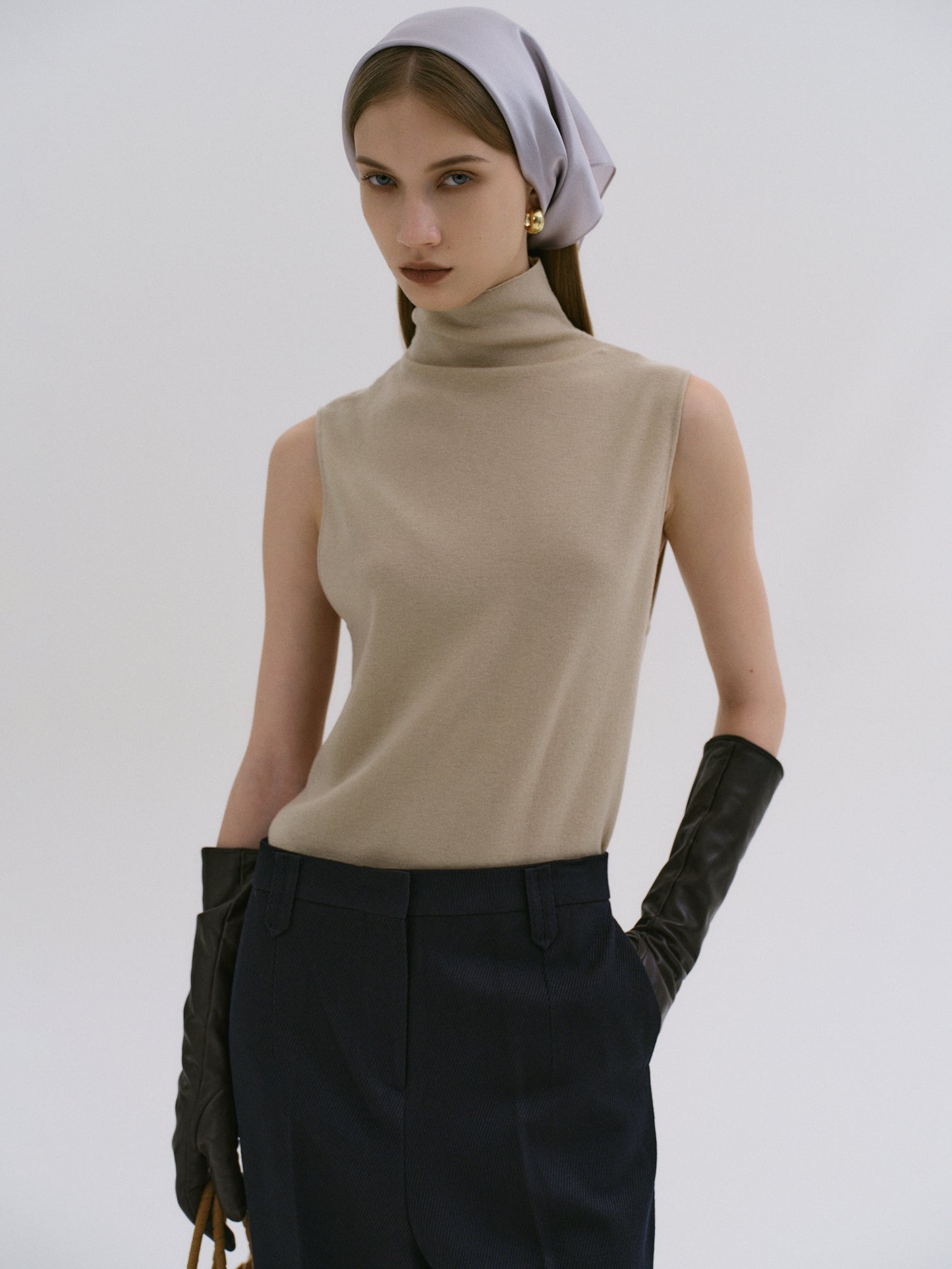 Signature Sleeveless Knit Turtleneck, Taupe