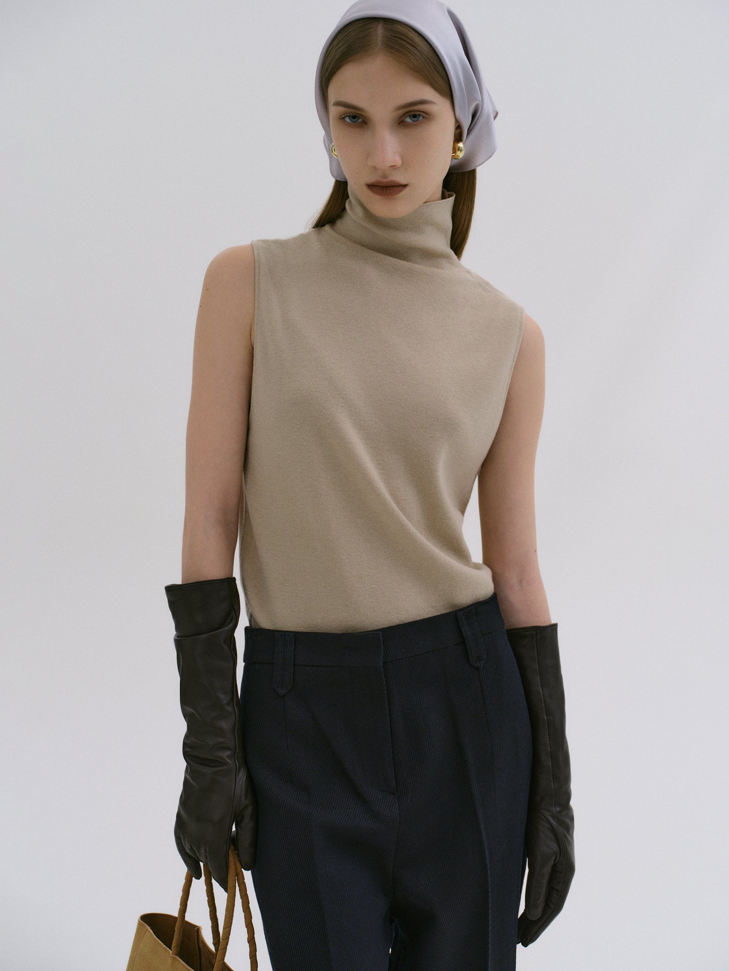 Signature Sleeveless Knit Turtleneck, Taupe