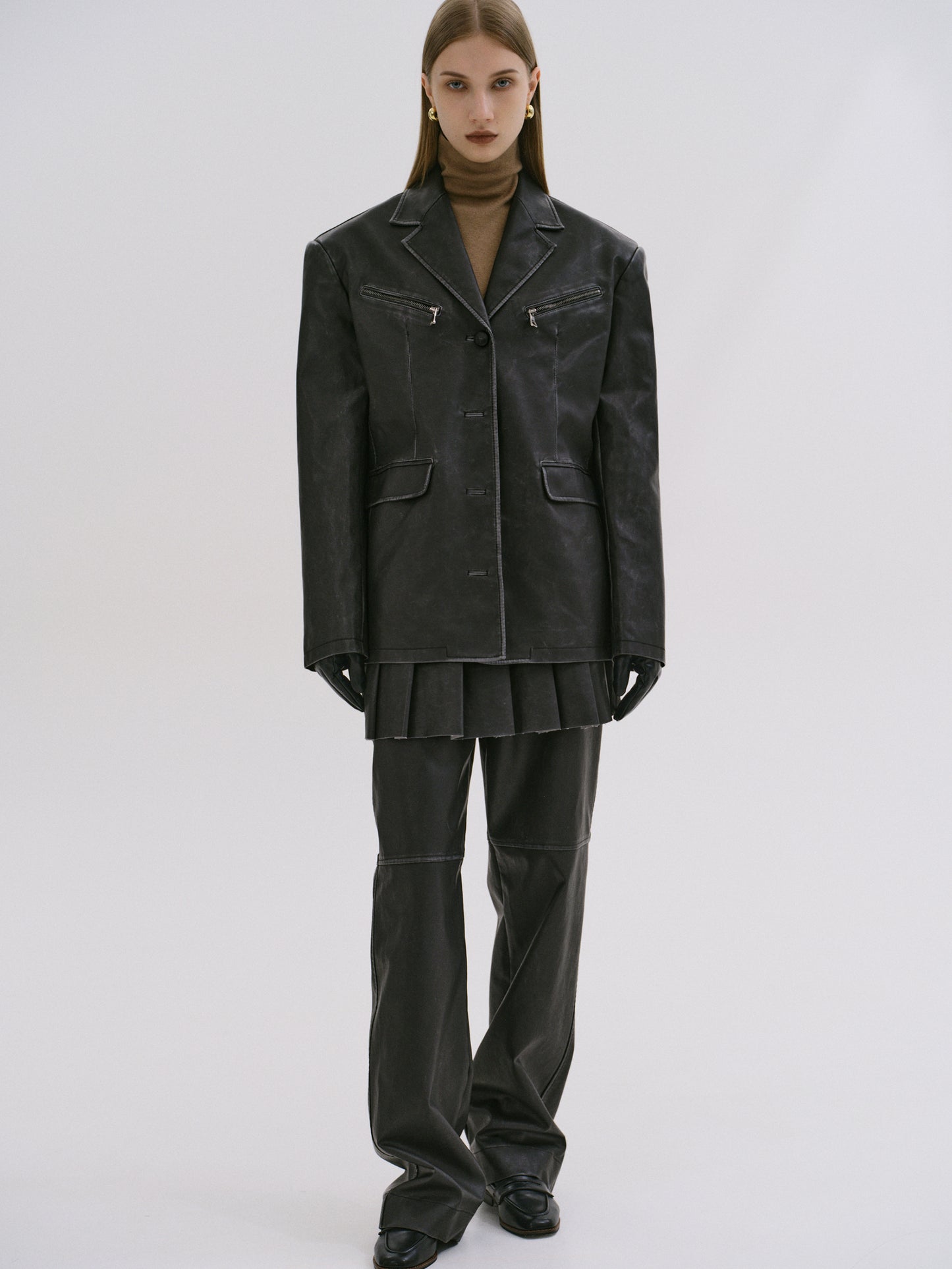 Faded Faux Leather Blazer, Black