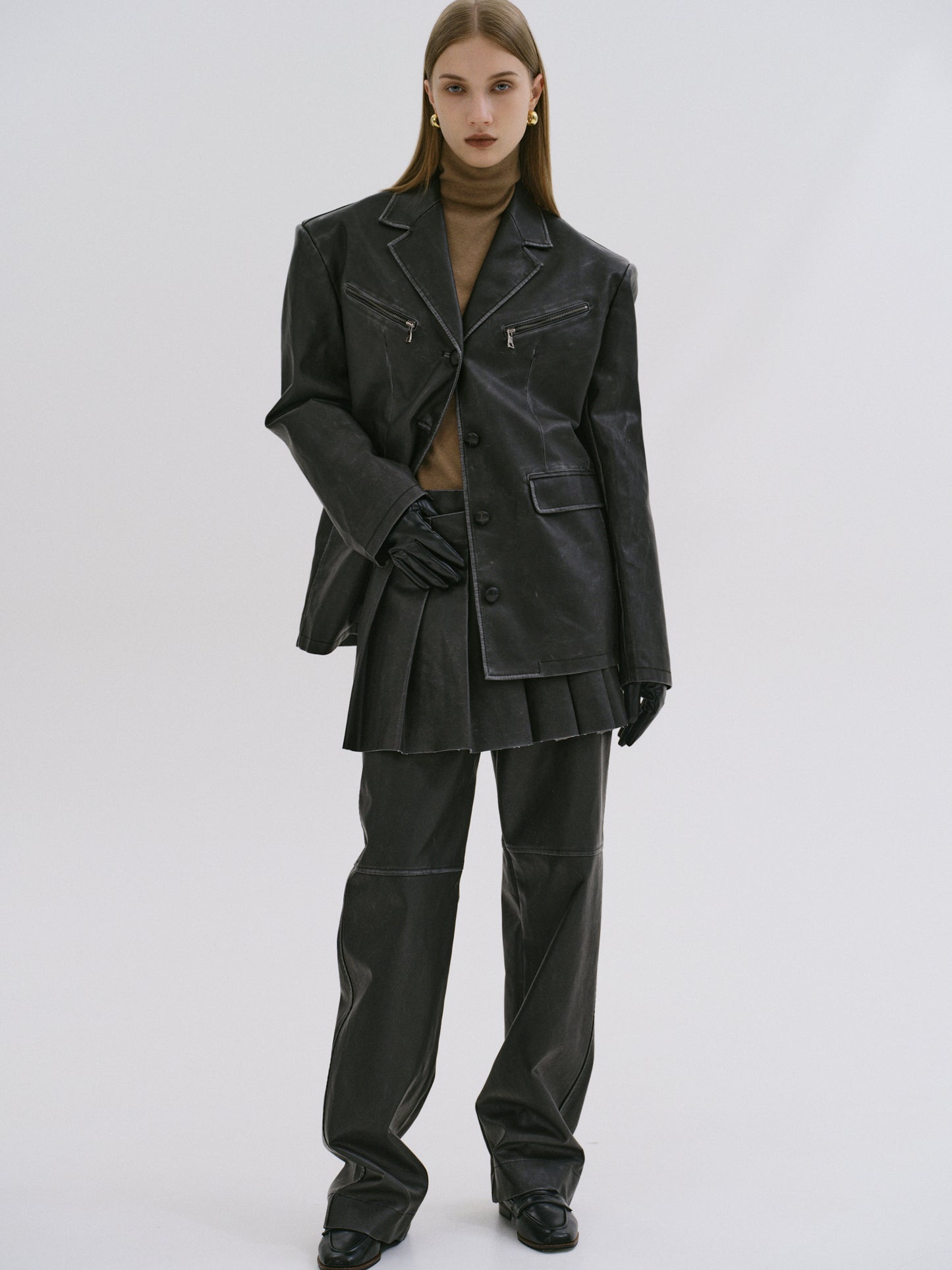 Faded Faux Leather Blazer, Black