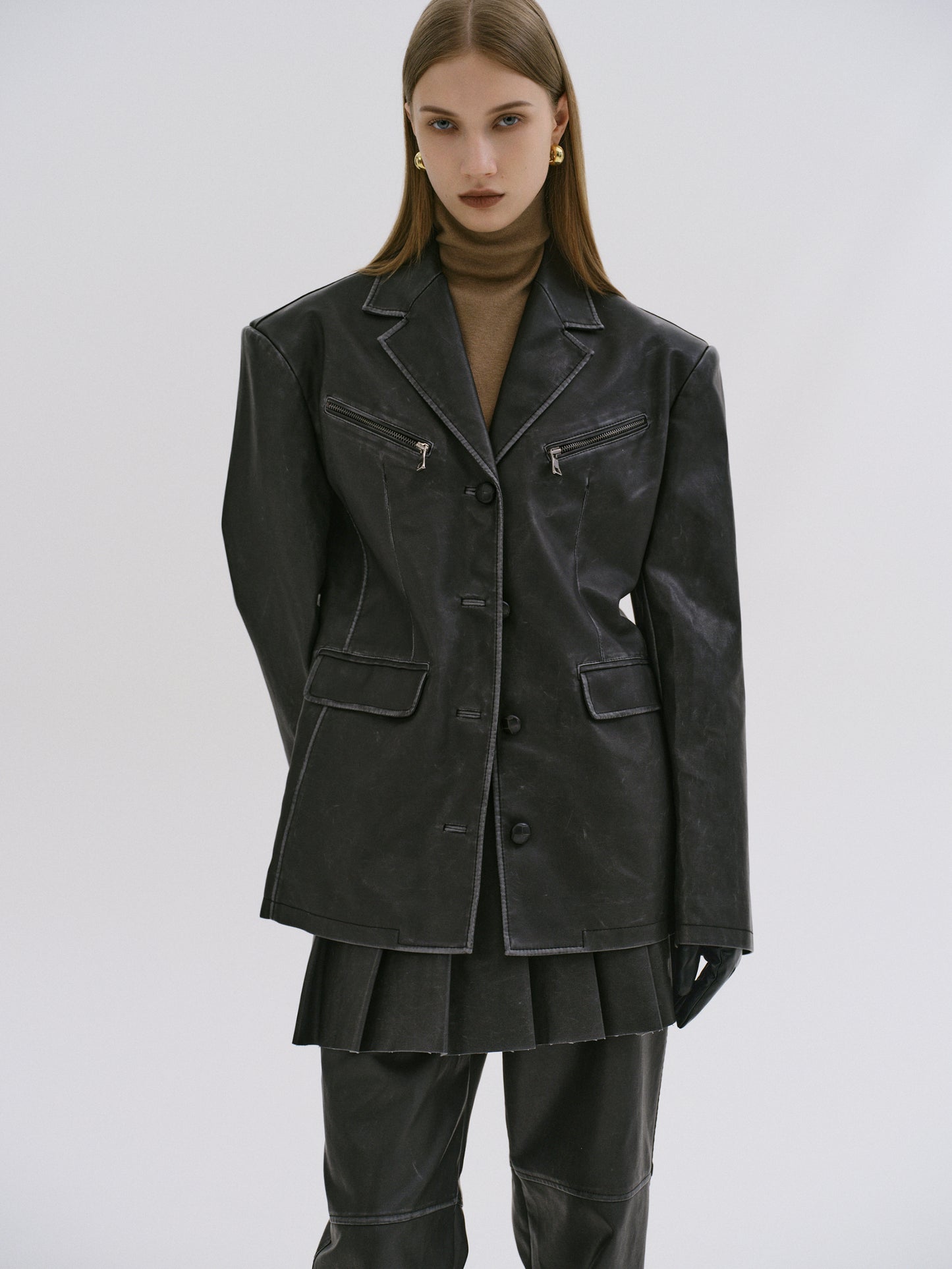 Faded Faux Leather Blazer, Black