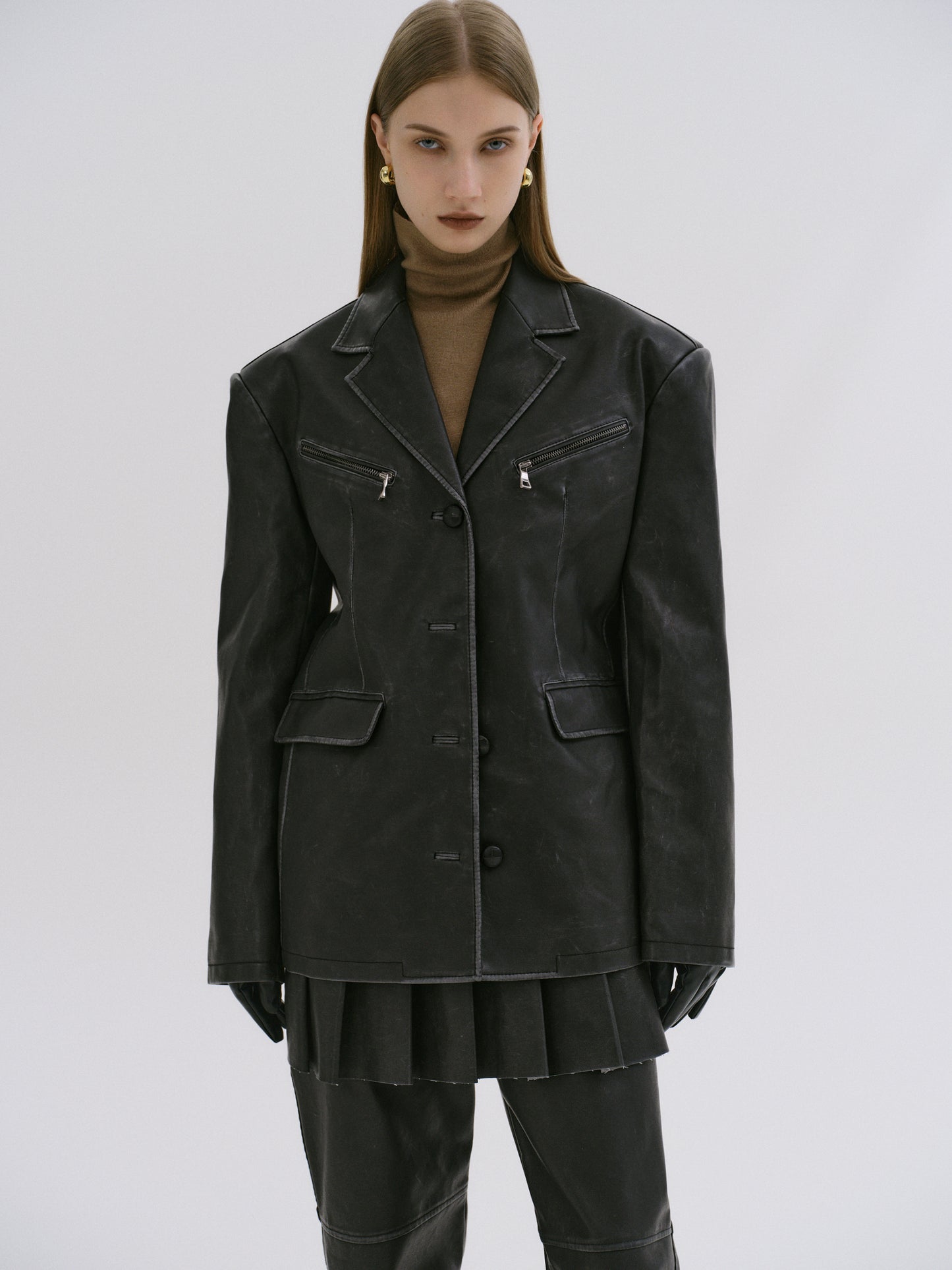 Faded Faux Leather Blazer, Black