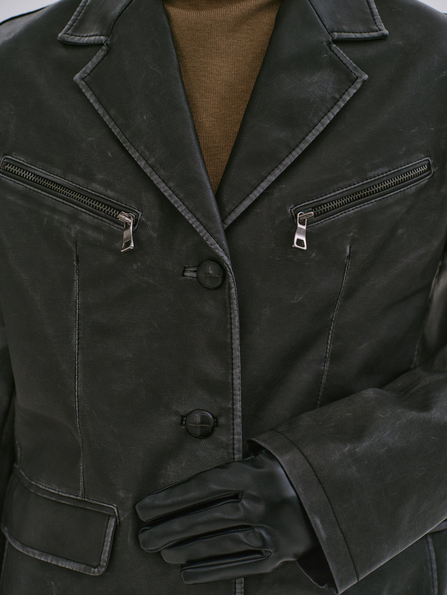 Faded Faux Leather Blazer, Black