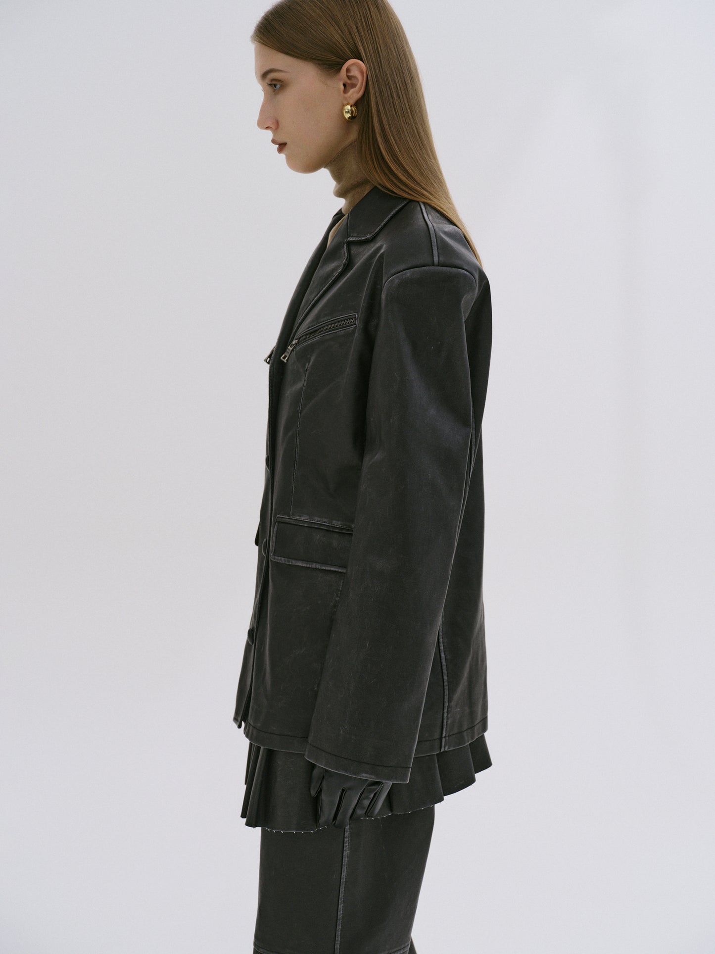 Faded Faux Leather Blazer, Black