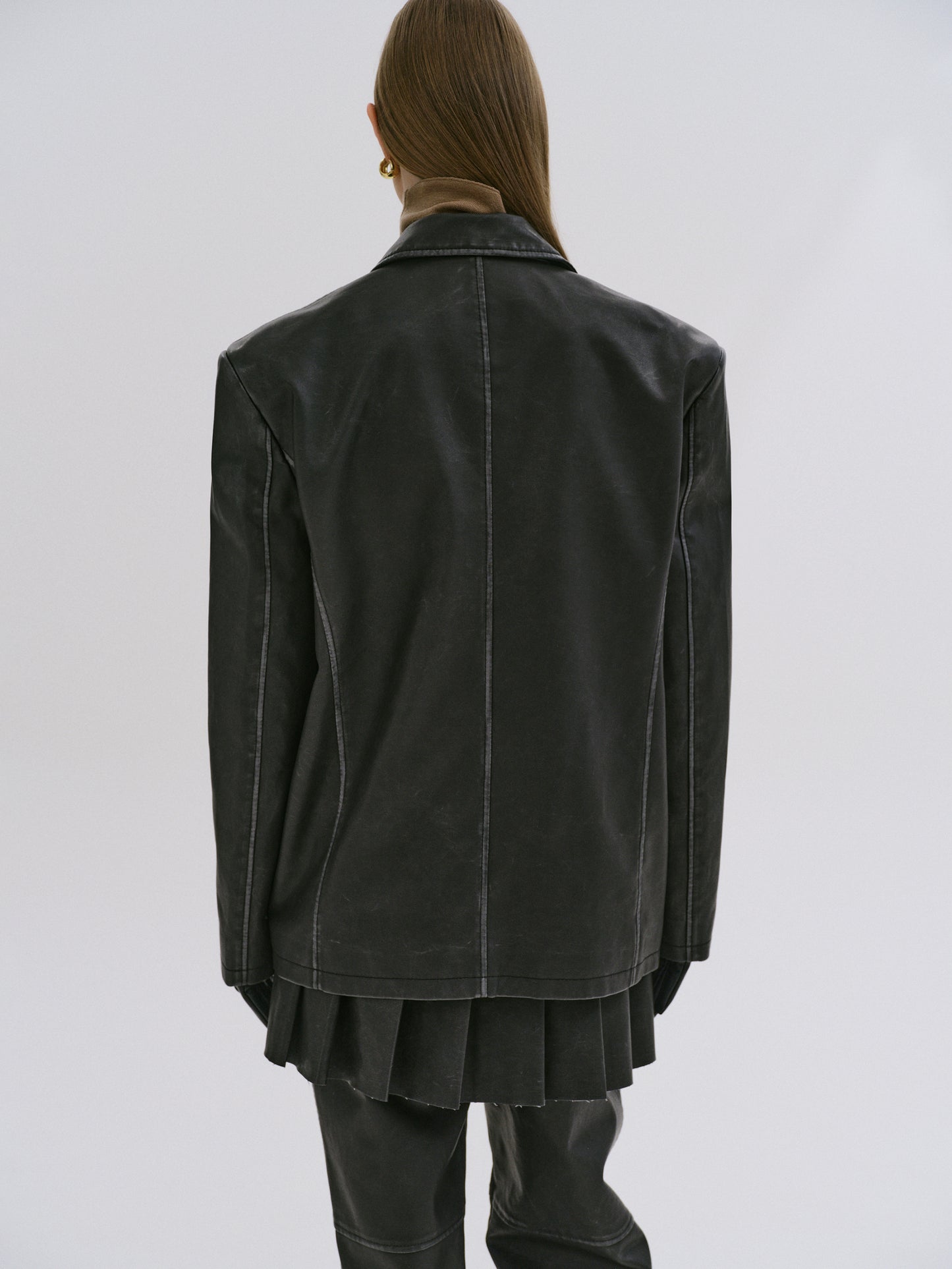 Faded Faux Leather Blazer, Black