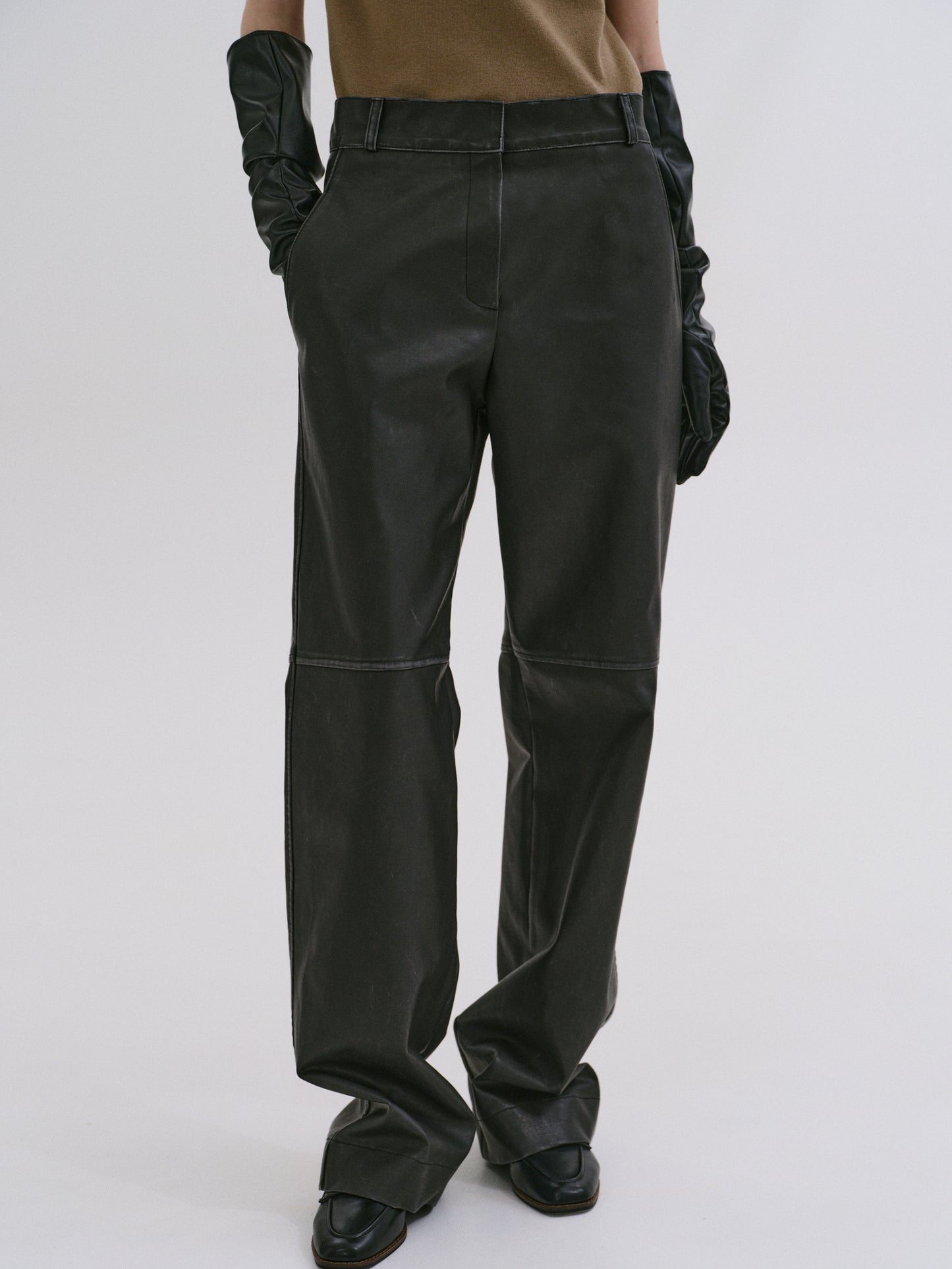 Faded Faux Leather Trousers, Black