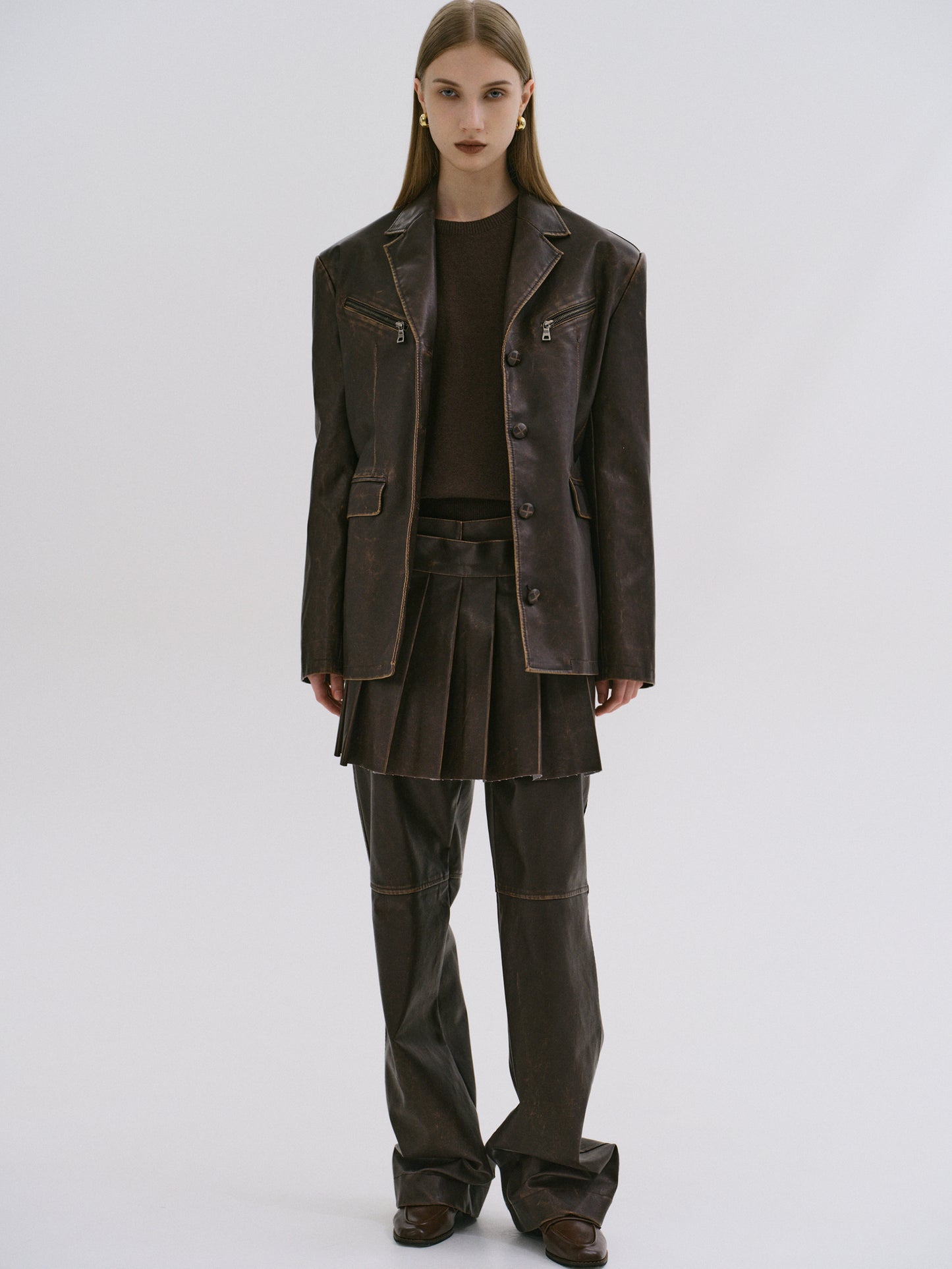 Faded Faux Leather Blazer, Cacao