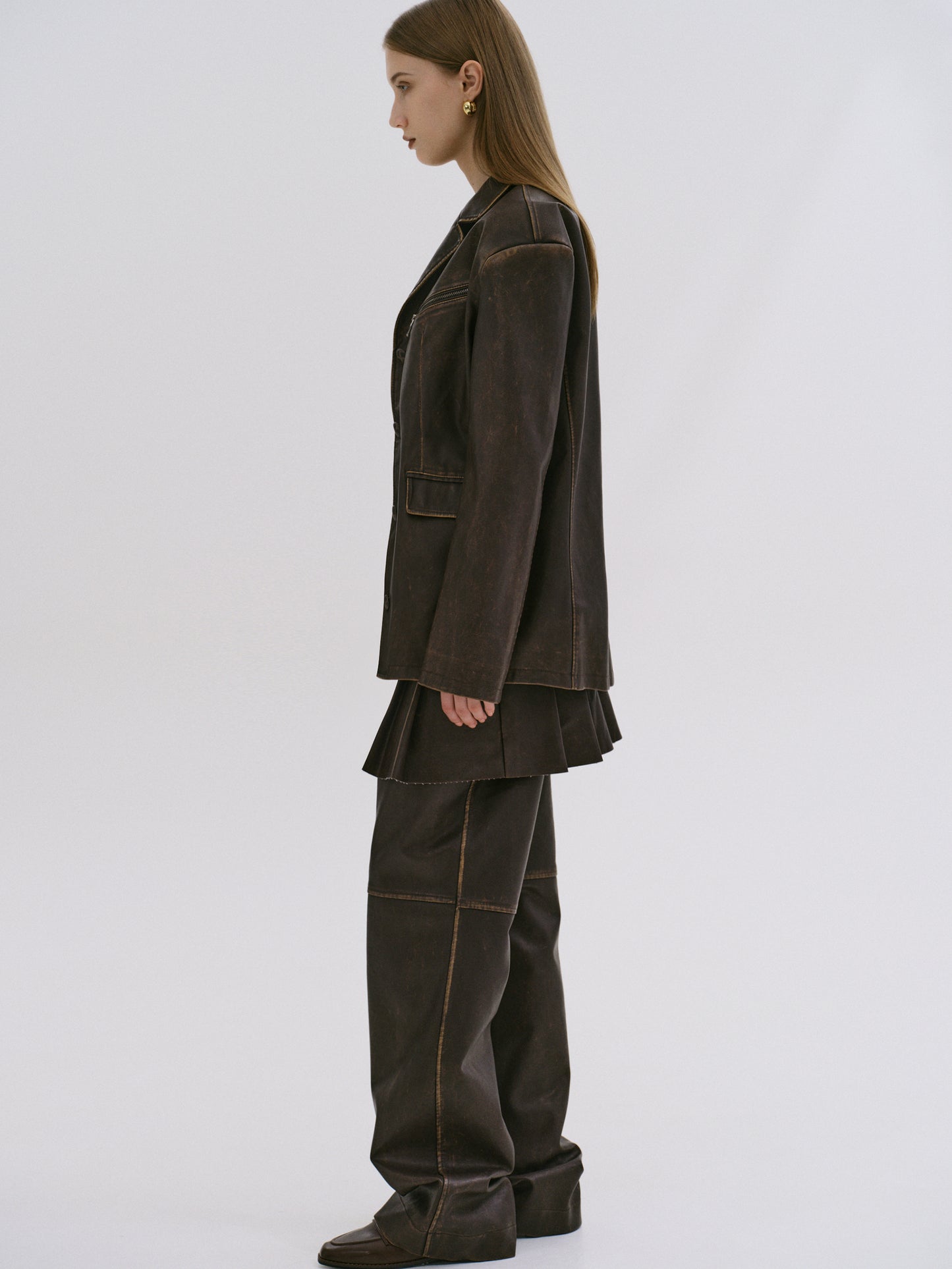 Faded Faux Leather Blazer, Cacao