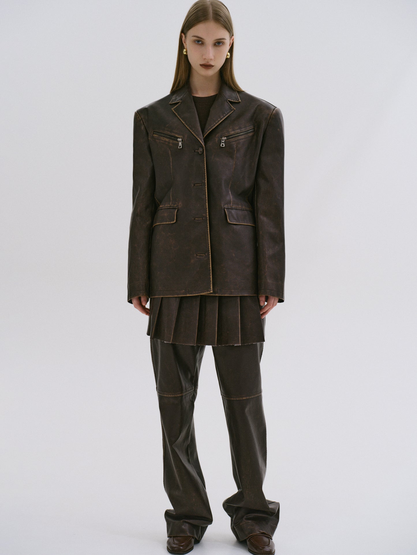 Faded Faux Leather Blazer, Cacao