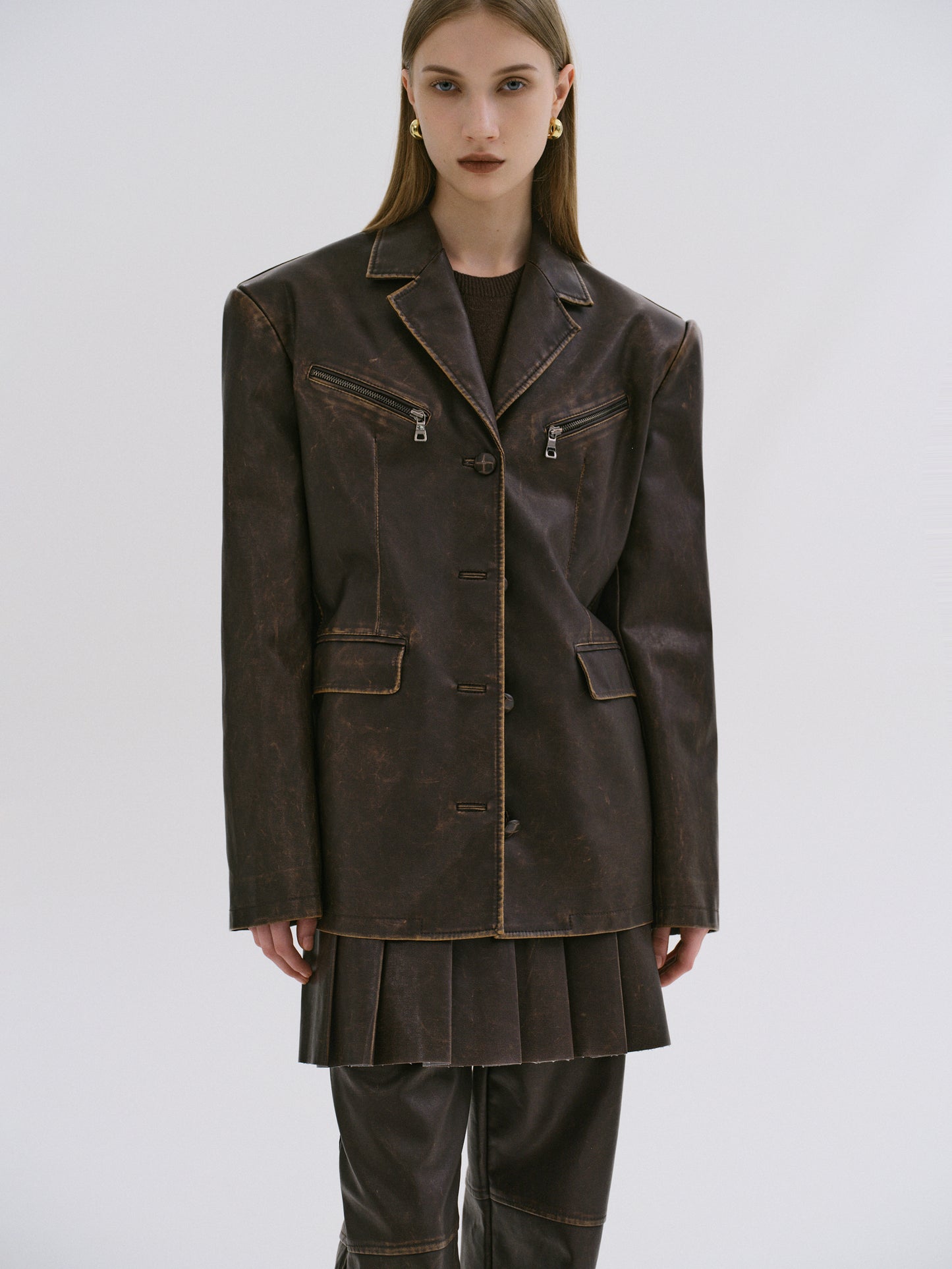 Faded Faux Leather Blazer, Cacao
