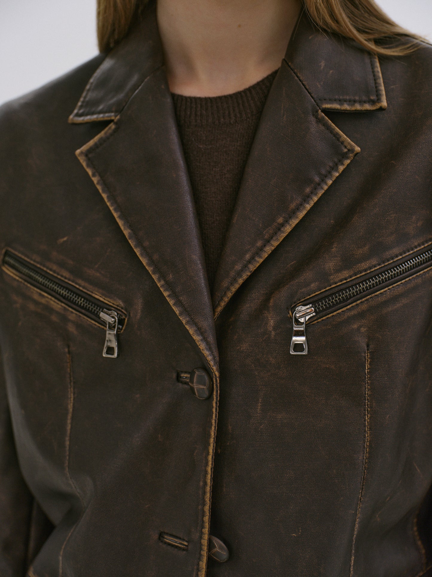 Faded Faux Leather Blazer, Cacao