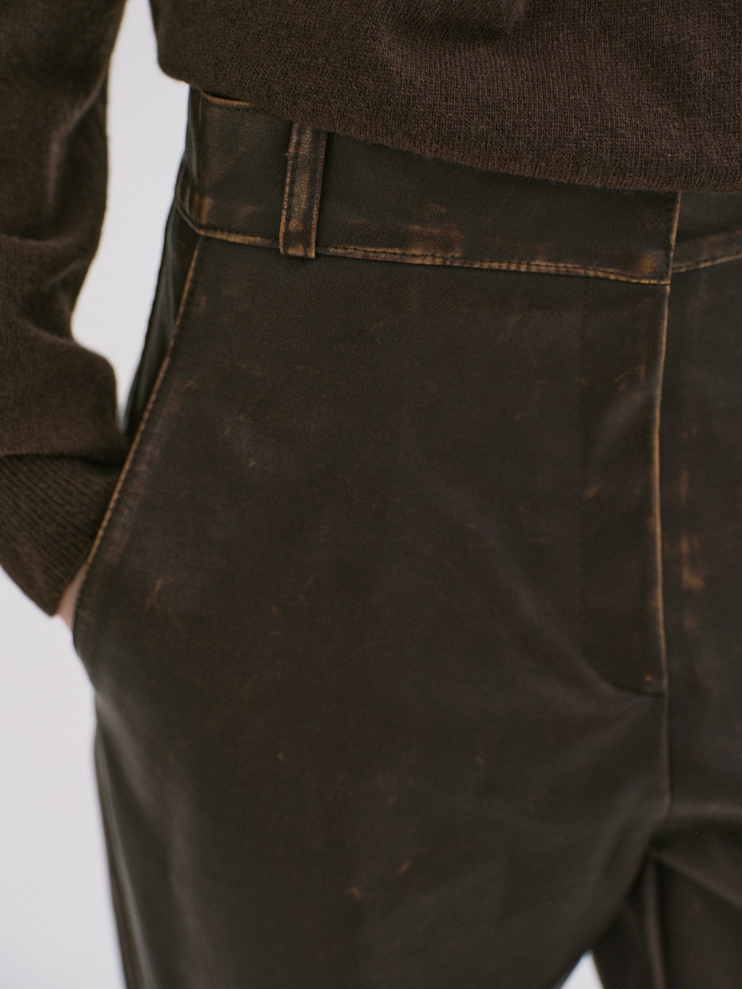 Faded Faux Leather Trousers, Cacao
