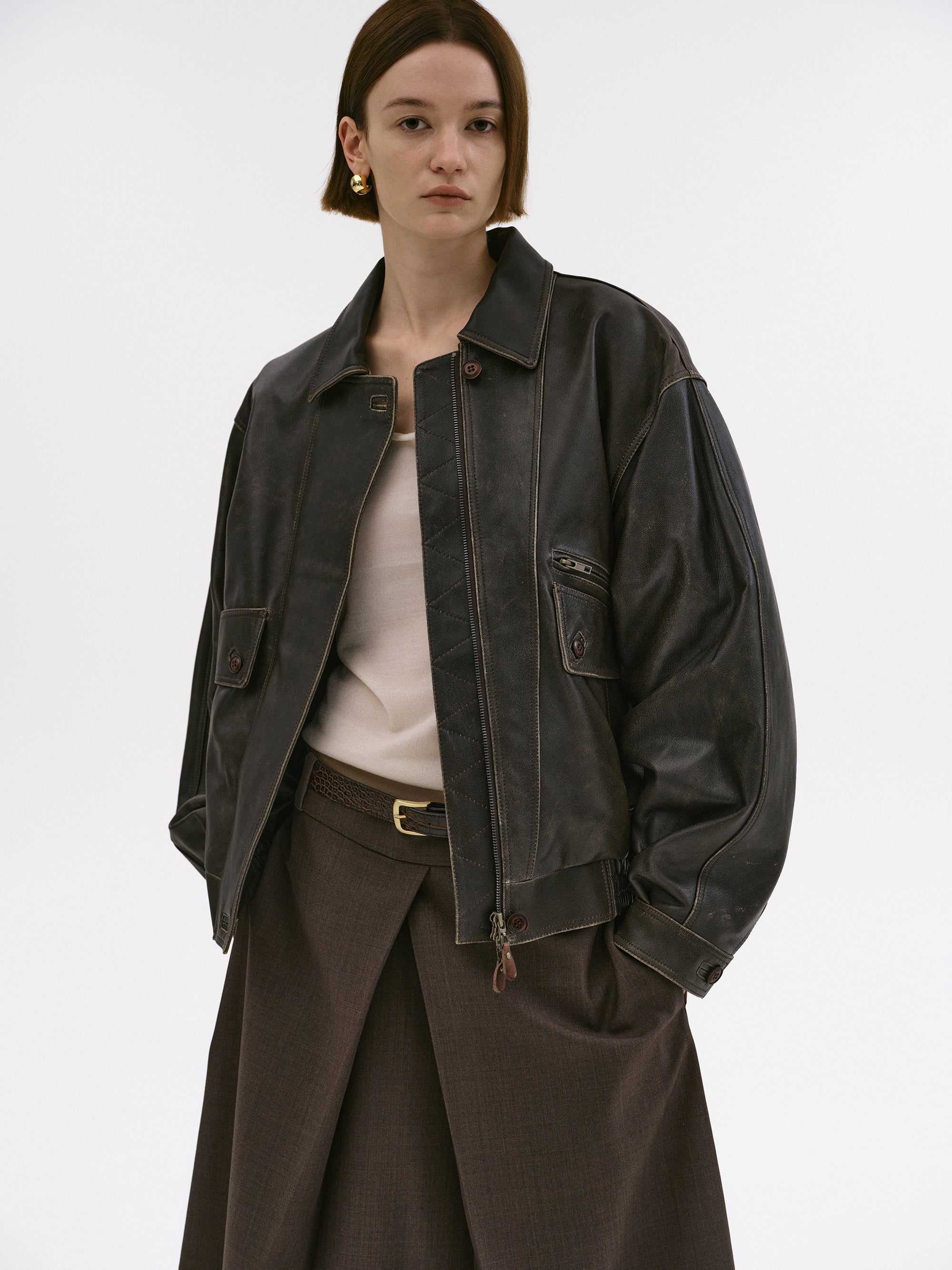 Geva Faded Lambskin Bomber Jacket, Brown
