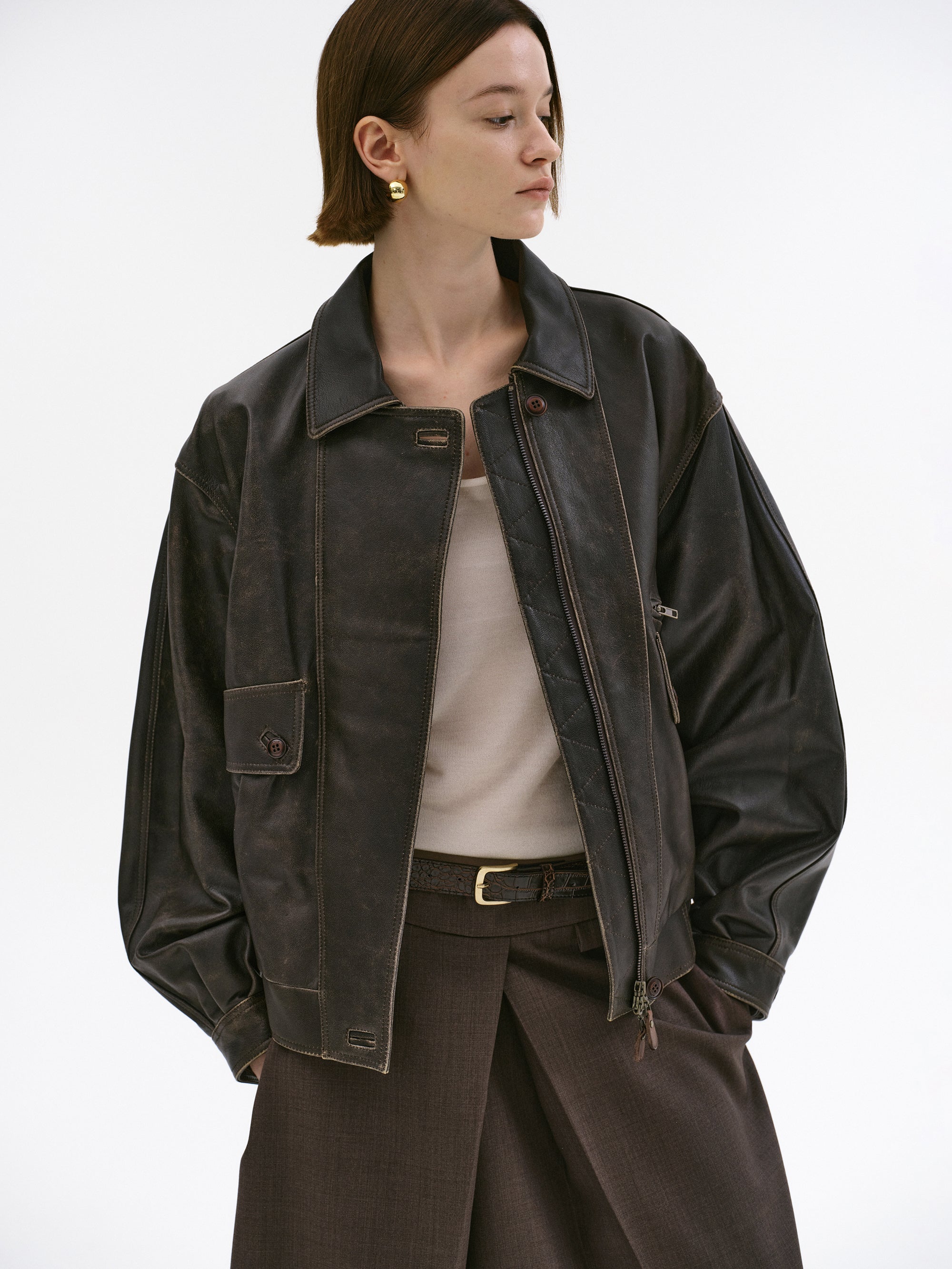 Geva Faded Lambskin Bomber Jacket, Brown