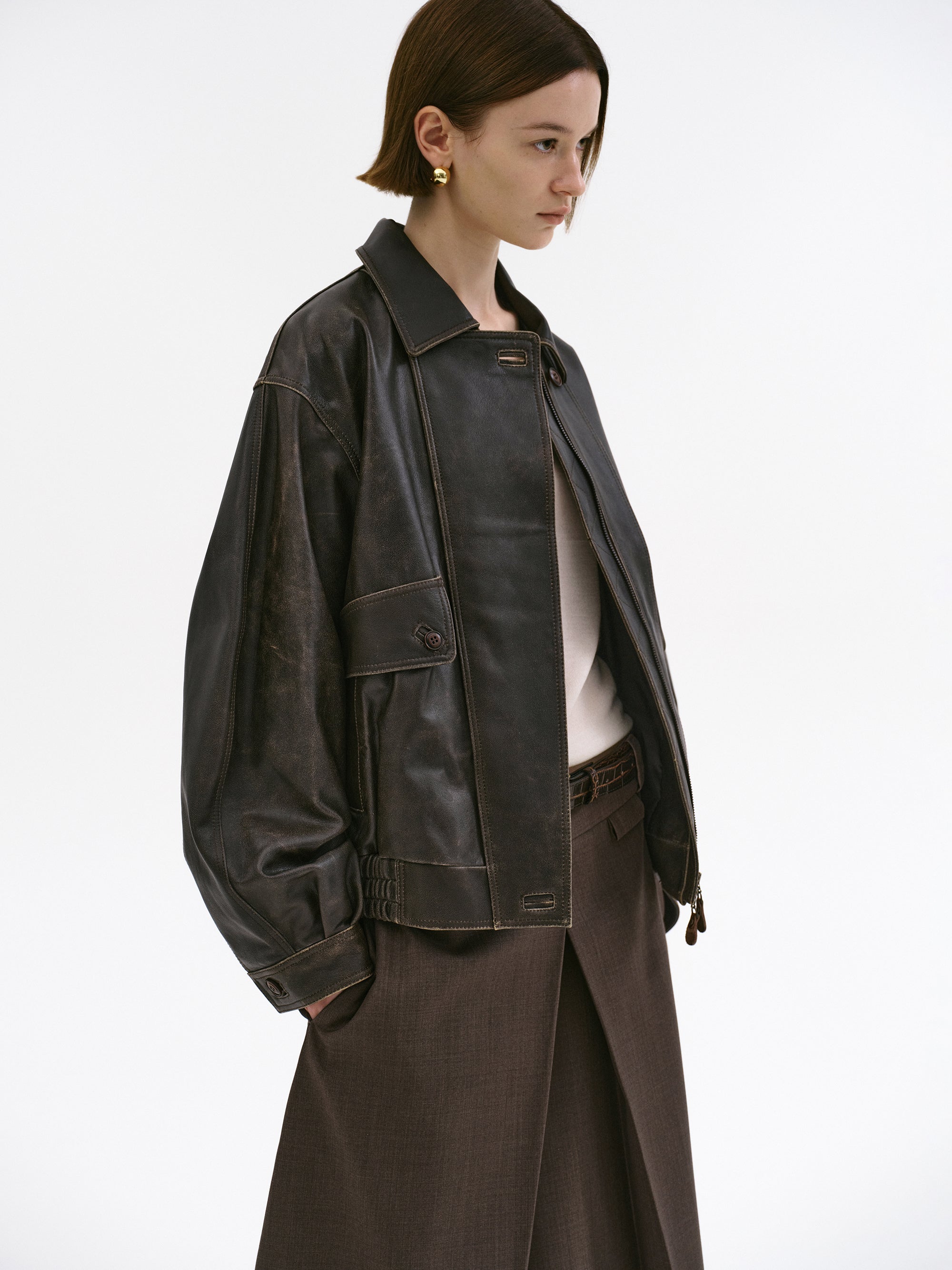 Geva Faded Lambskin Bomber Jacket, Brown
