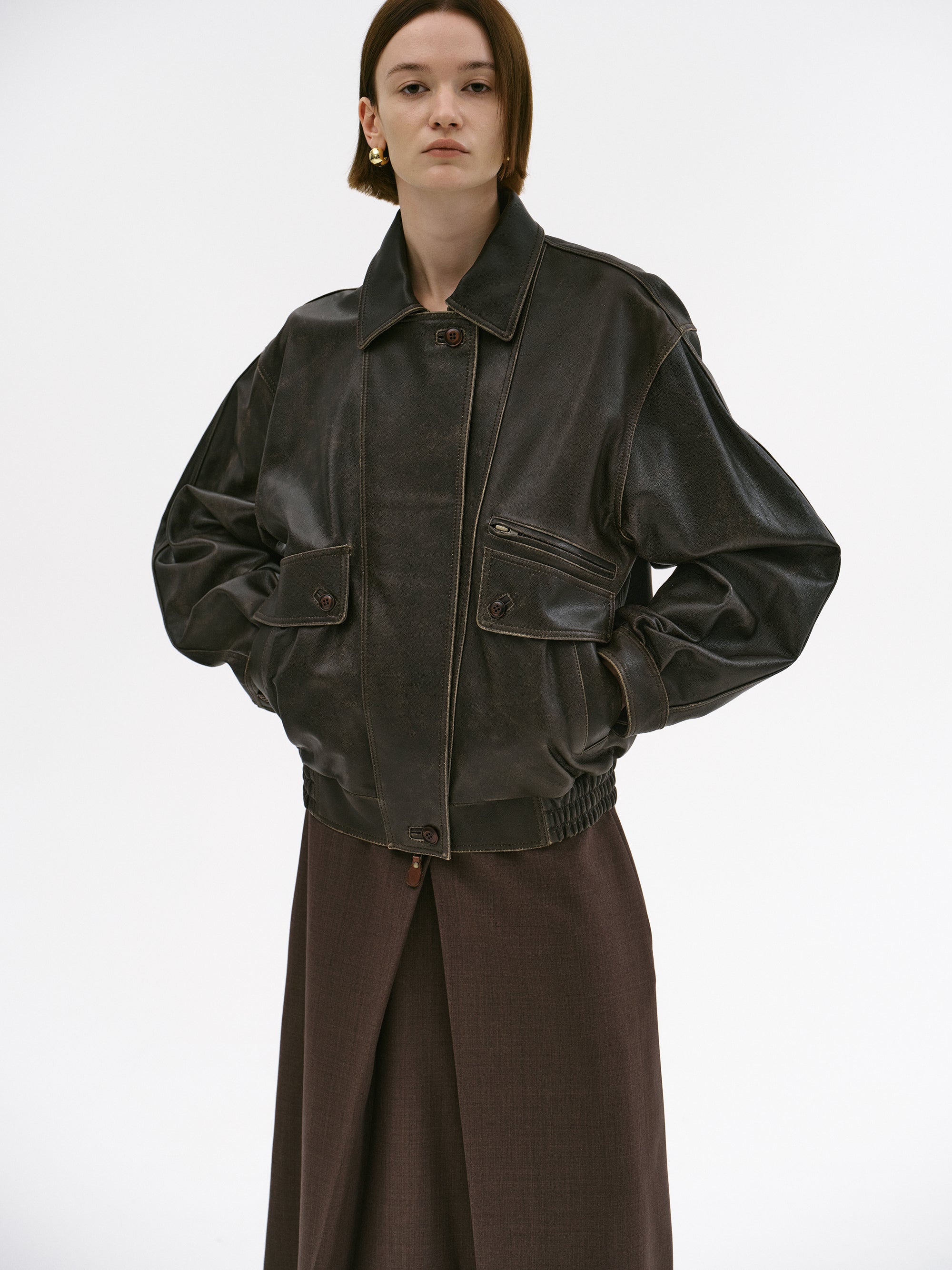 Geva Faded Lambskin Bomber Jacket, Brown